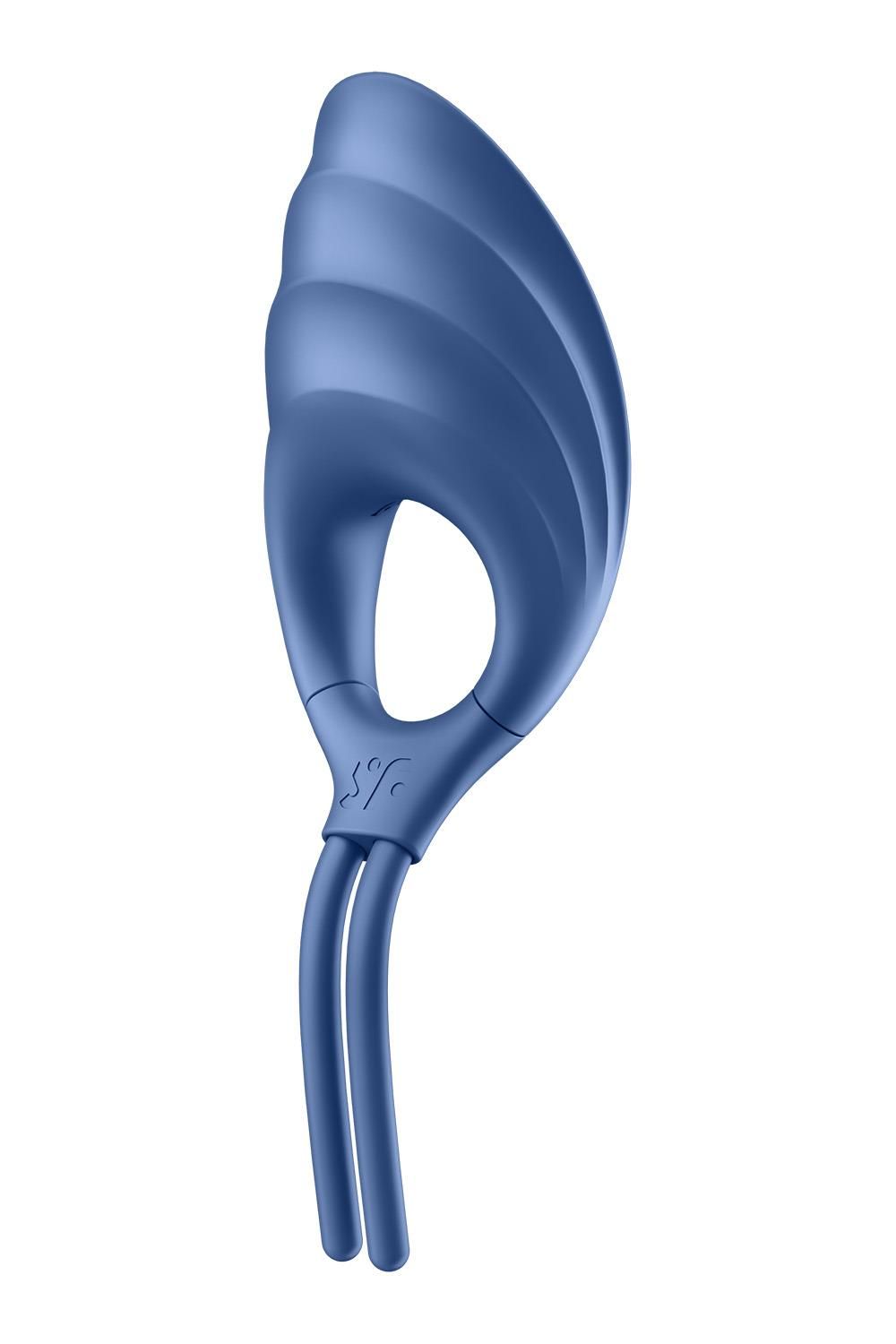 Blauer Ring Vibrator. Ringförmiger Teil mit geriffelter Oberfläche. Zwei Stiele. Logo "sr".