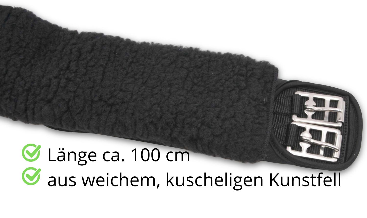 Schwarzer Sattelgurtschoner. Länge ca. 100 cm. Aus weichem Kunstfell. Mit Schnallen.