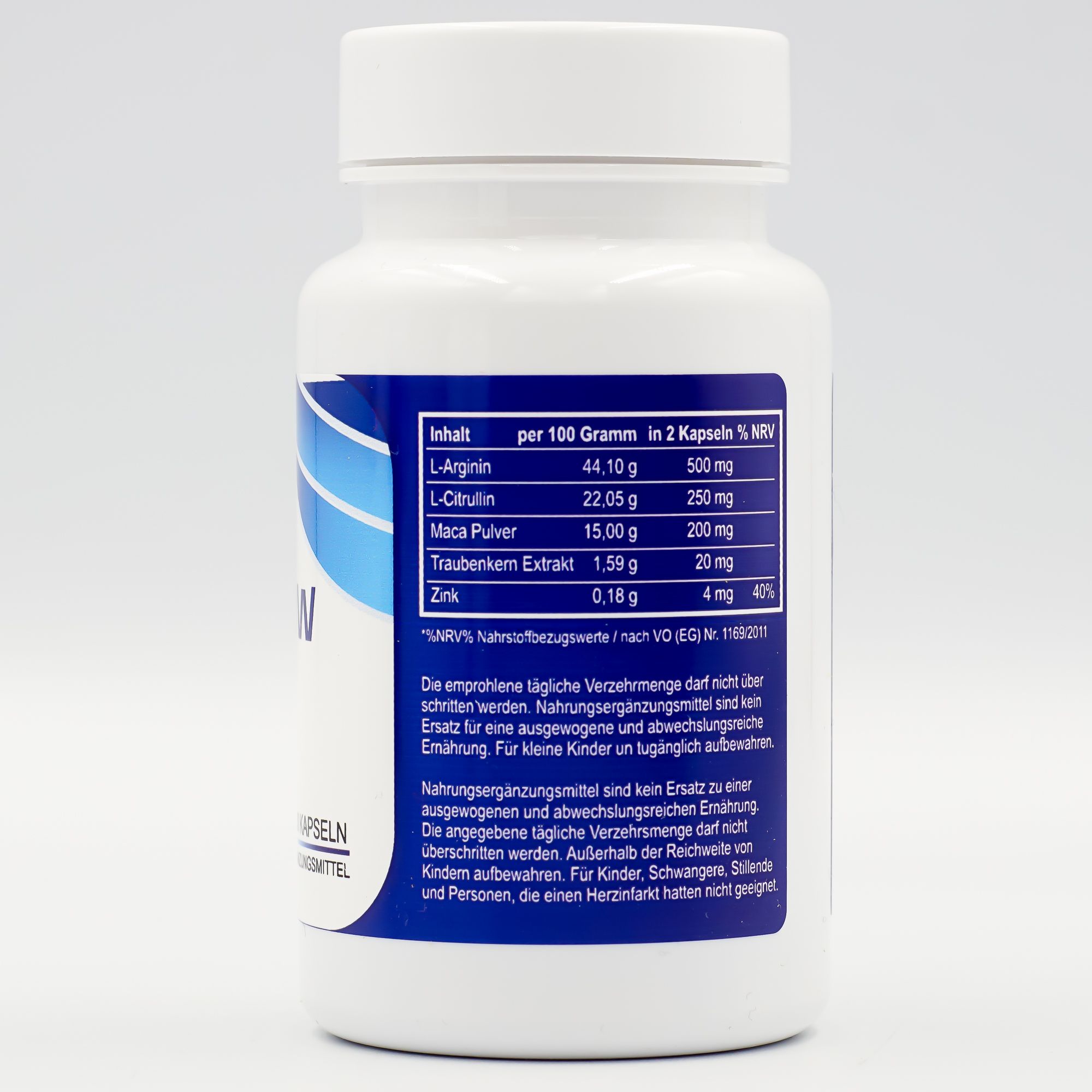 Weiße Flasche mit blauem Etikett. Rückseite mit Nährwertangaben: L-Arginin, L-Citrullin, Maca Pulver, Traubenkern Extrakt, Zink.