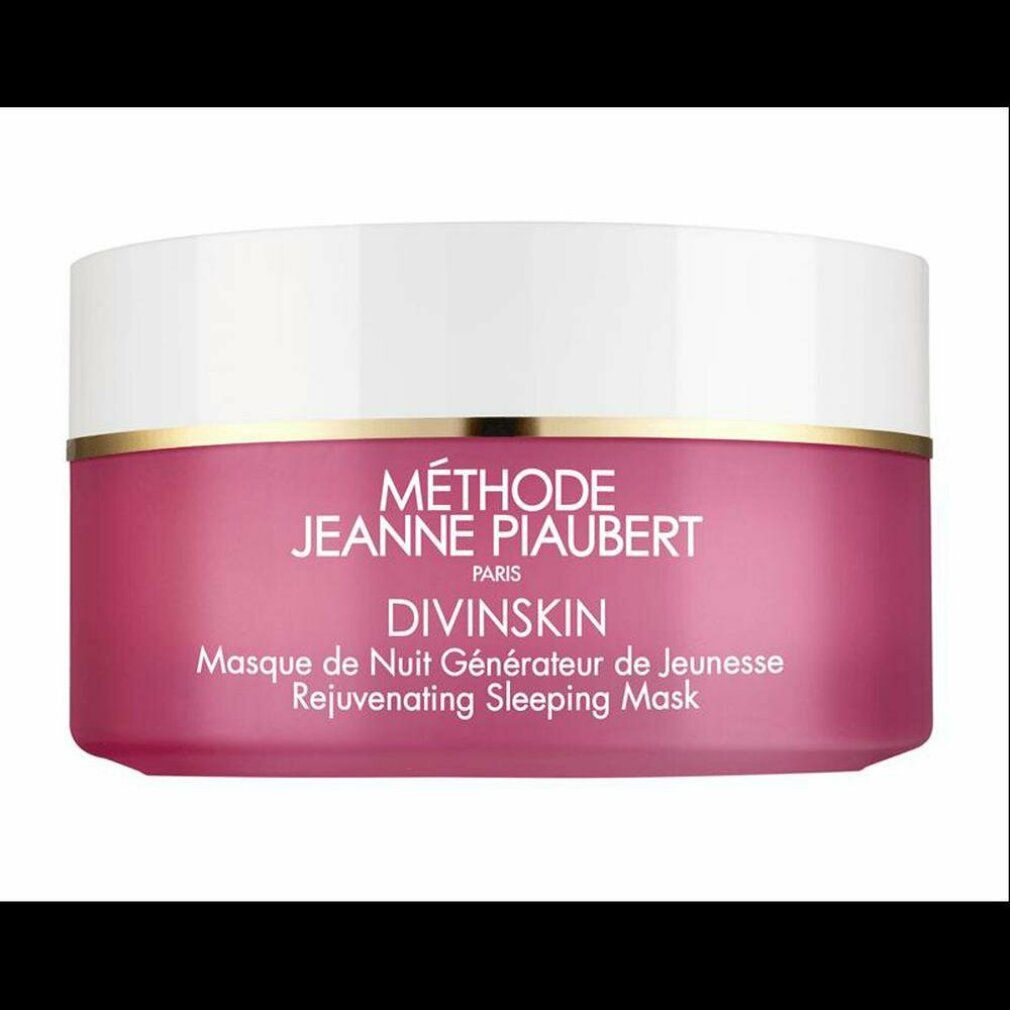Rosa Tiegel mit weißem Deckel. Goldener Rand. Schriftzug: Méthode Jeanne Piaubert, Divinskin, Masque de Nuit Générateur de Jeunesse, Rejuvenating Sleeping Mask.