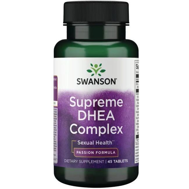 Grüne Flasche mit weiß-lila Etikett. Aufschrift: SWANSON Supreme DHEA Complex, 45 Tabletten.