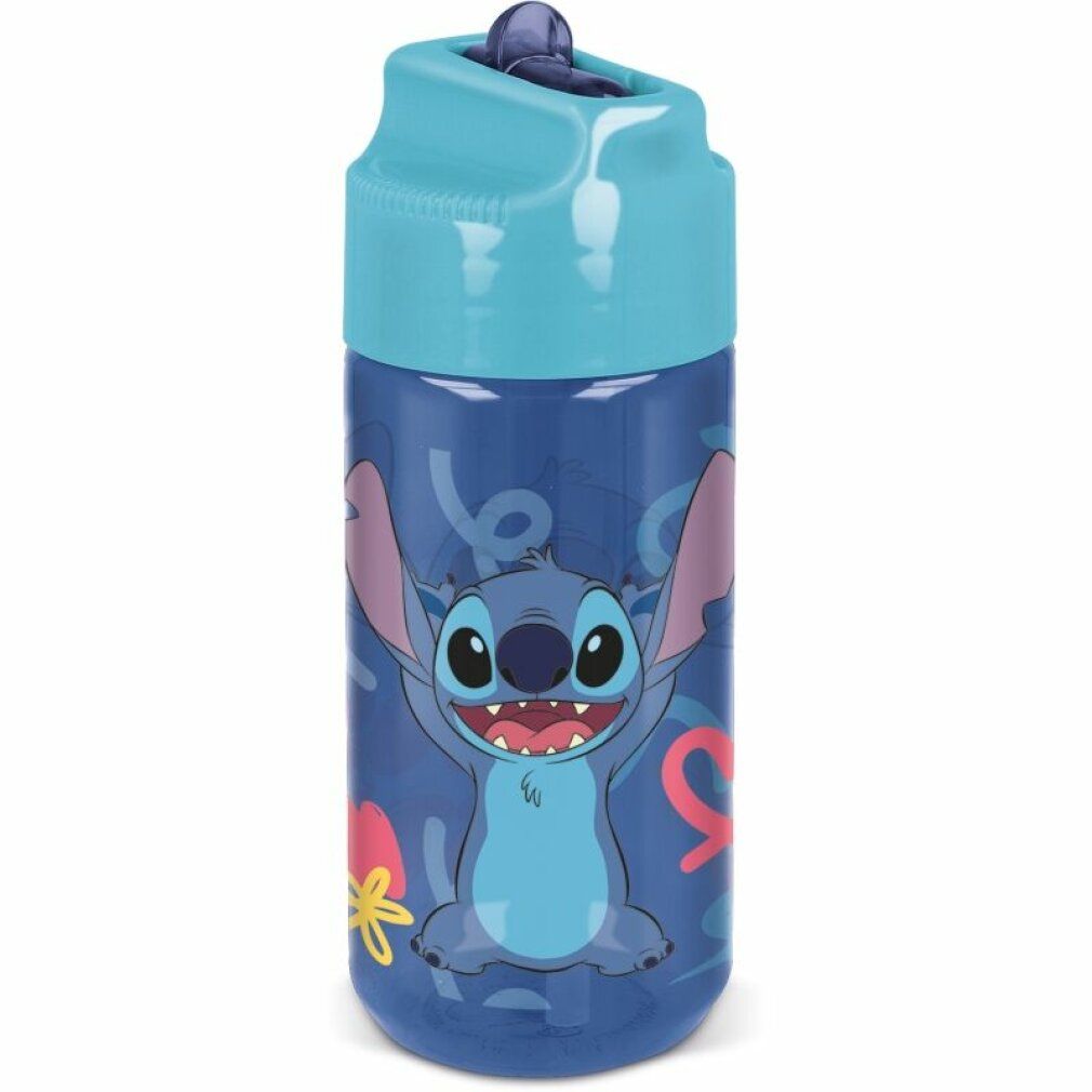 Dunkelblaue Trinkflasche mit Cartoon-Charakter. Der Deckel ist hellblau. Der Flaschenkörper ist transparent.