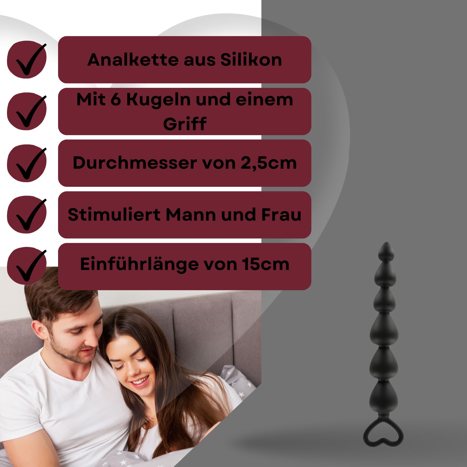 Schwarze Analperlenkette mit 6 Kugeln und Herzgriff. Silikon. Durchmesser 2,5cm, Einführungslänge 15cm. Hintergrund: Paar. Text: Anal Kette aus Silikon.