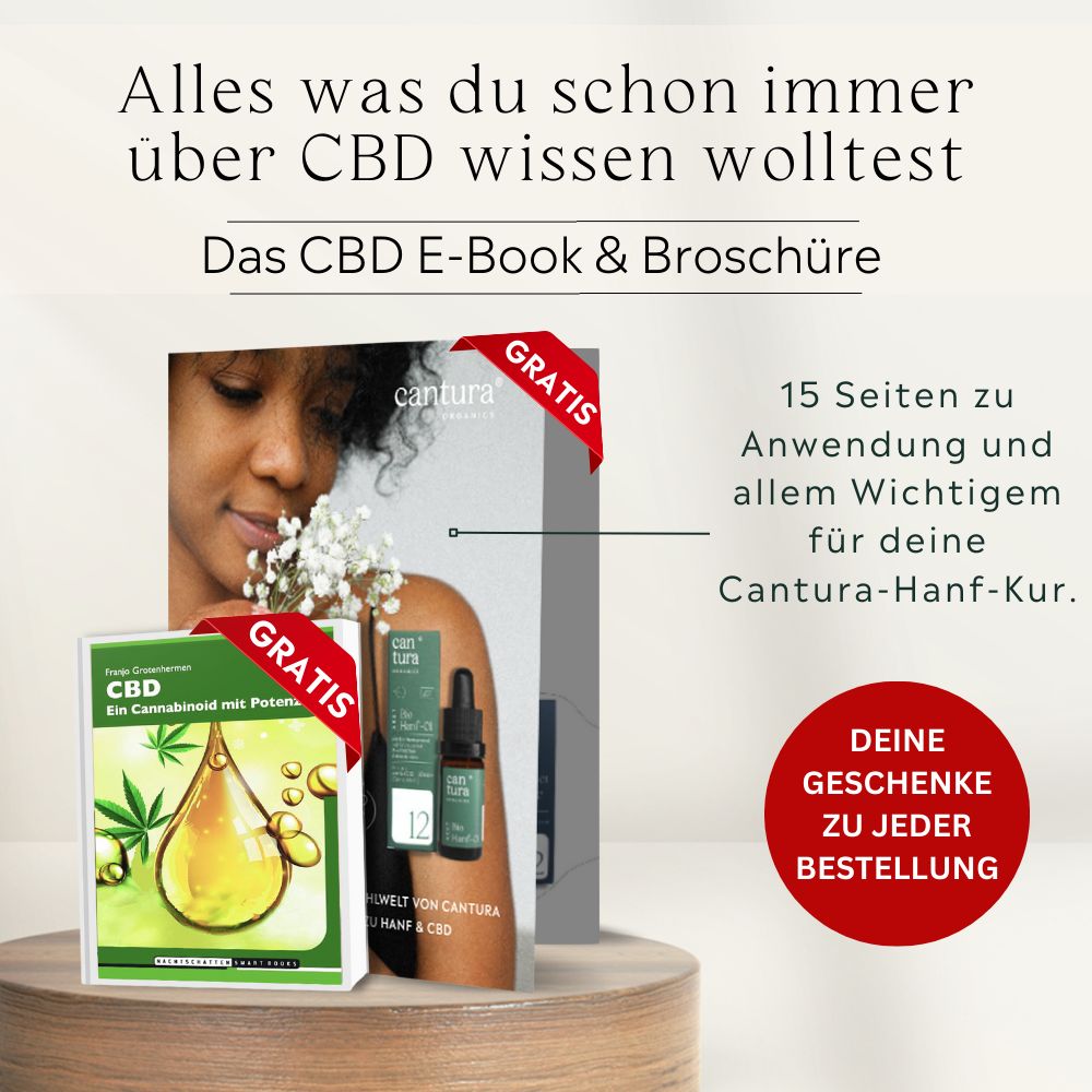 Frau mit Broschüre und Produkt. Gratis-Aufkleber. Aufschrift: can tura, CBD, 12.