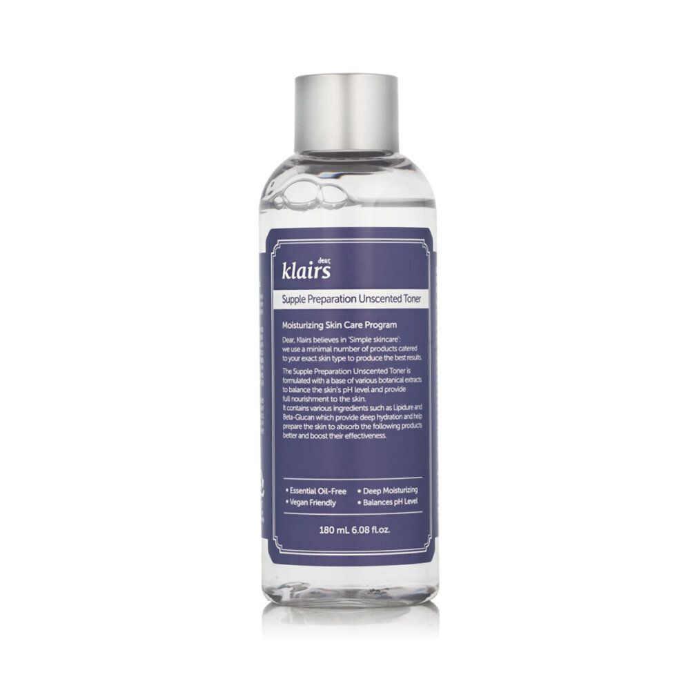 Klare Flasche mit silbernem Deckel und violettem Etikett. Text: Dear Klairs Supple Preparation Unscented Toner. 180 ml.