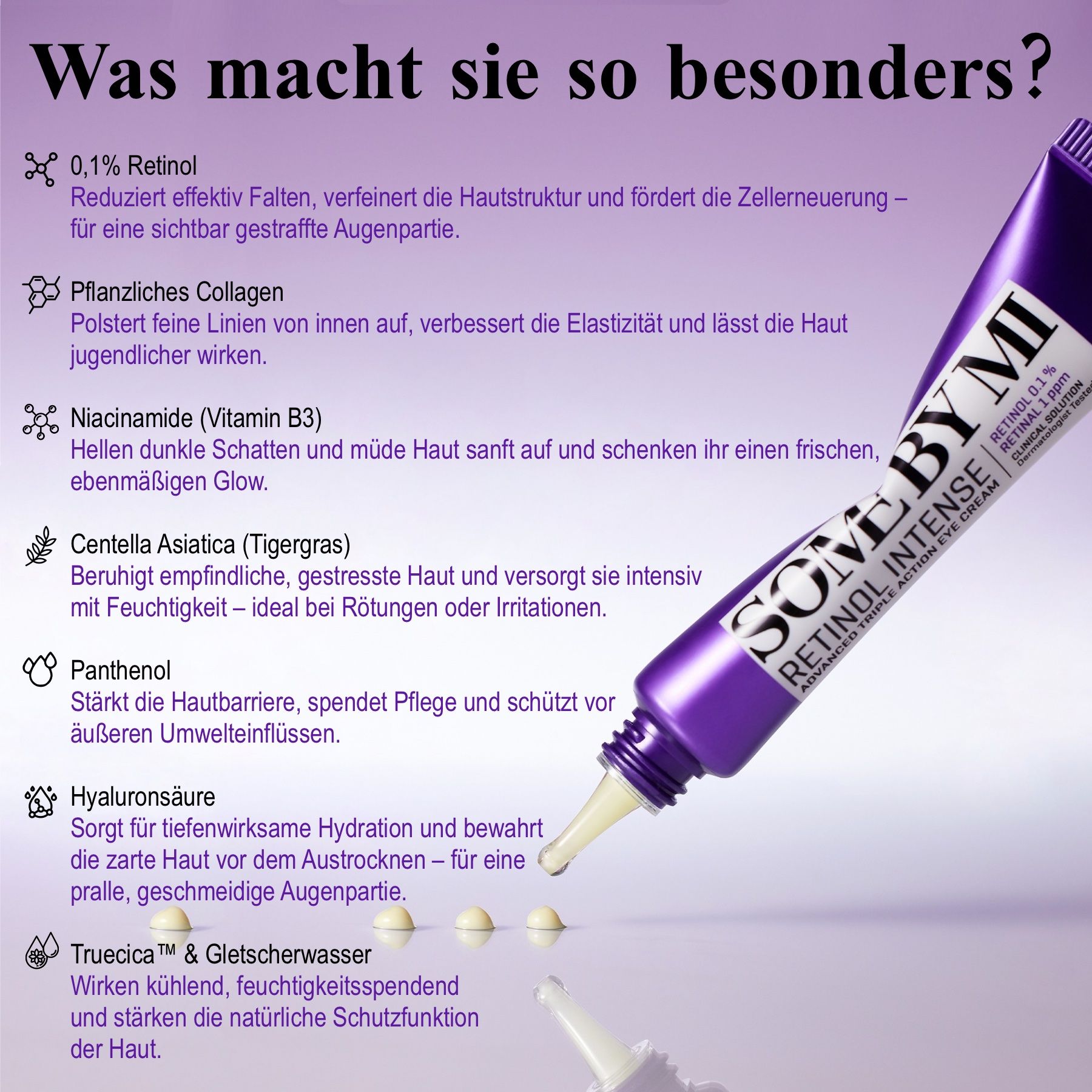 Tube mit Text: SOME BY MI RETINOL INTENSE. Creme wird aufgetragen. Text über Inhaltsstoffe.