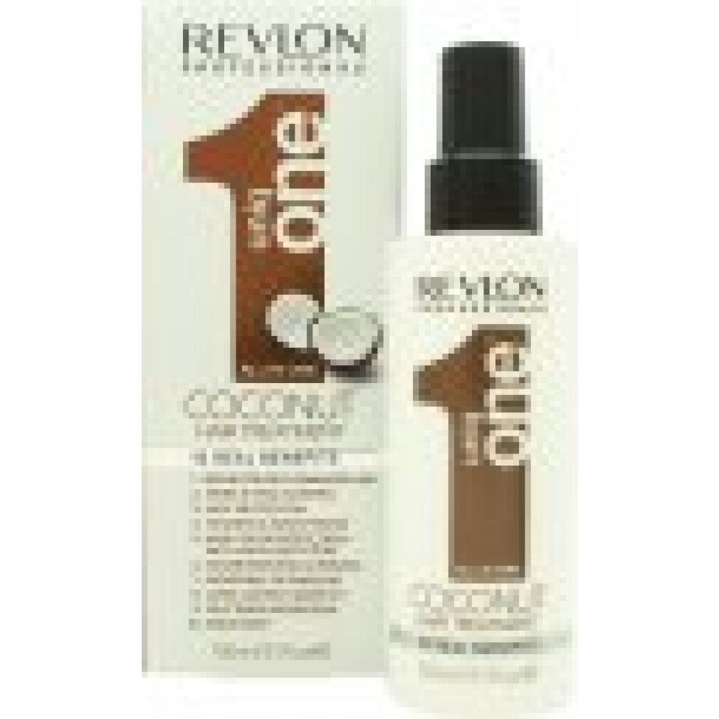 Revlon Uniq One Coconut Hair Treatment. Flasche und Verpackung. Aufschrift: 10 Real Benefits. Mit Kokosnuss-Motiv.