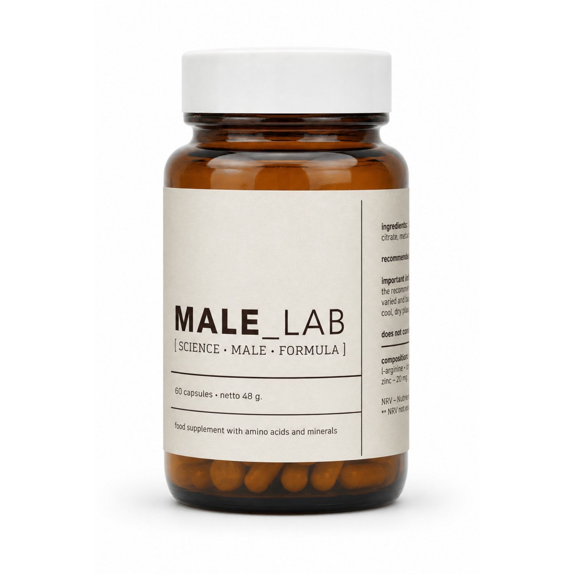 Braune Glasflasche mit weißem Deckel, gefüllt mit 60 Kapseln. Etikett mit "MALE_LAB" und "food supplement with amino acids and minerals".