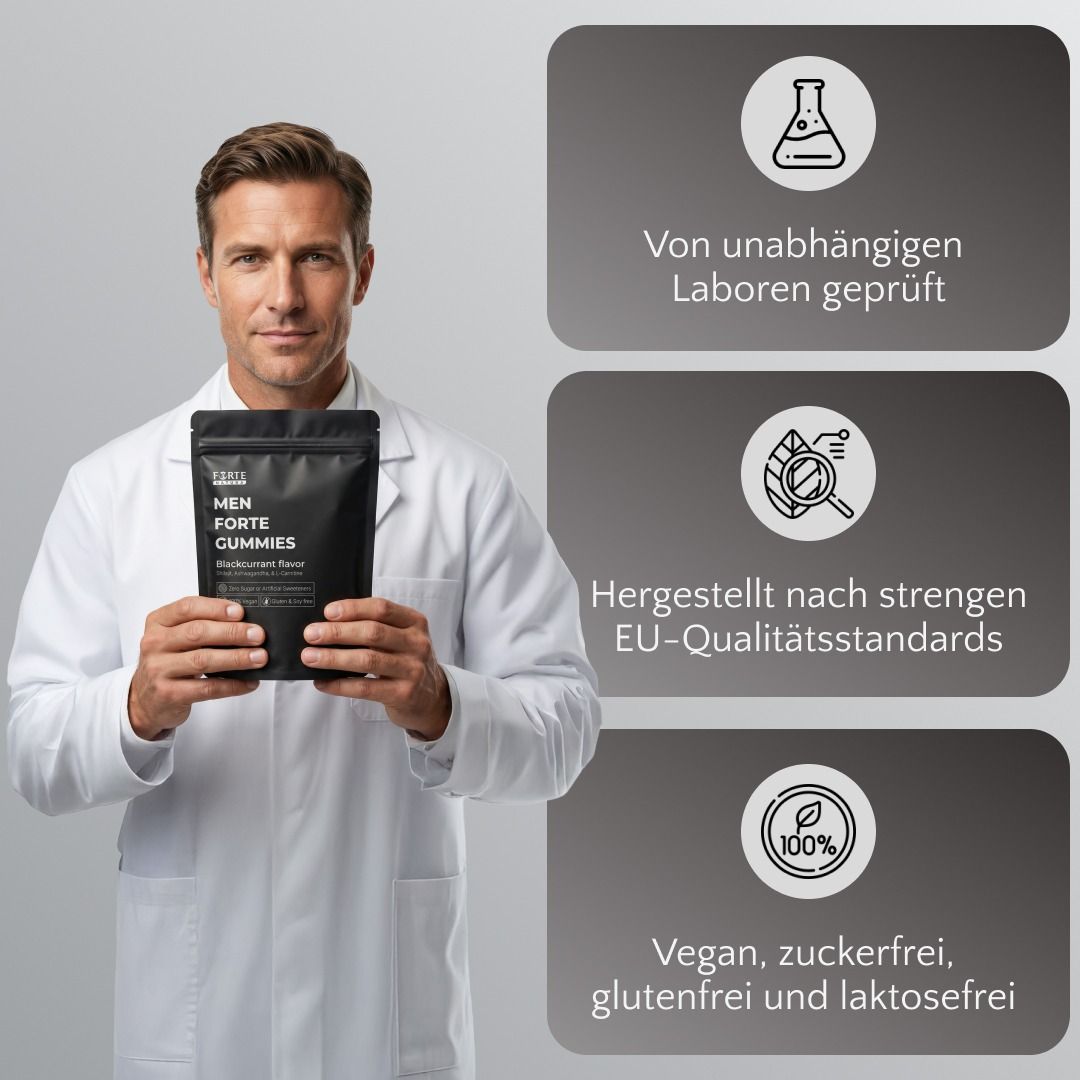 Mann in Laborkittel hält Forte Natura® Mann Forte Gummies; geprüft, EU-Standards, vegan.