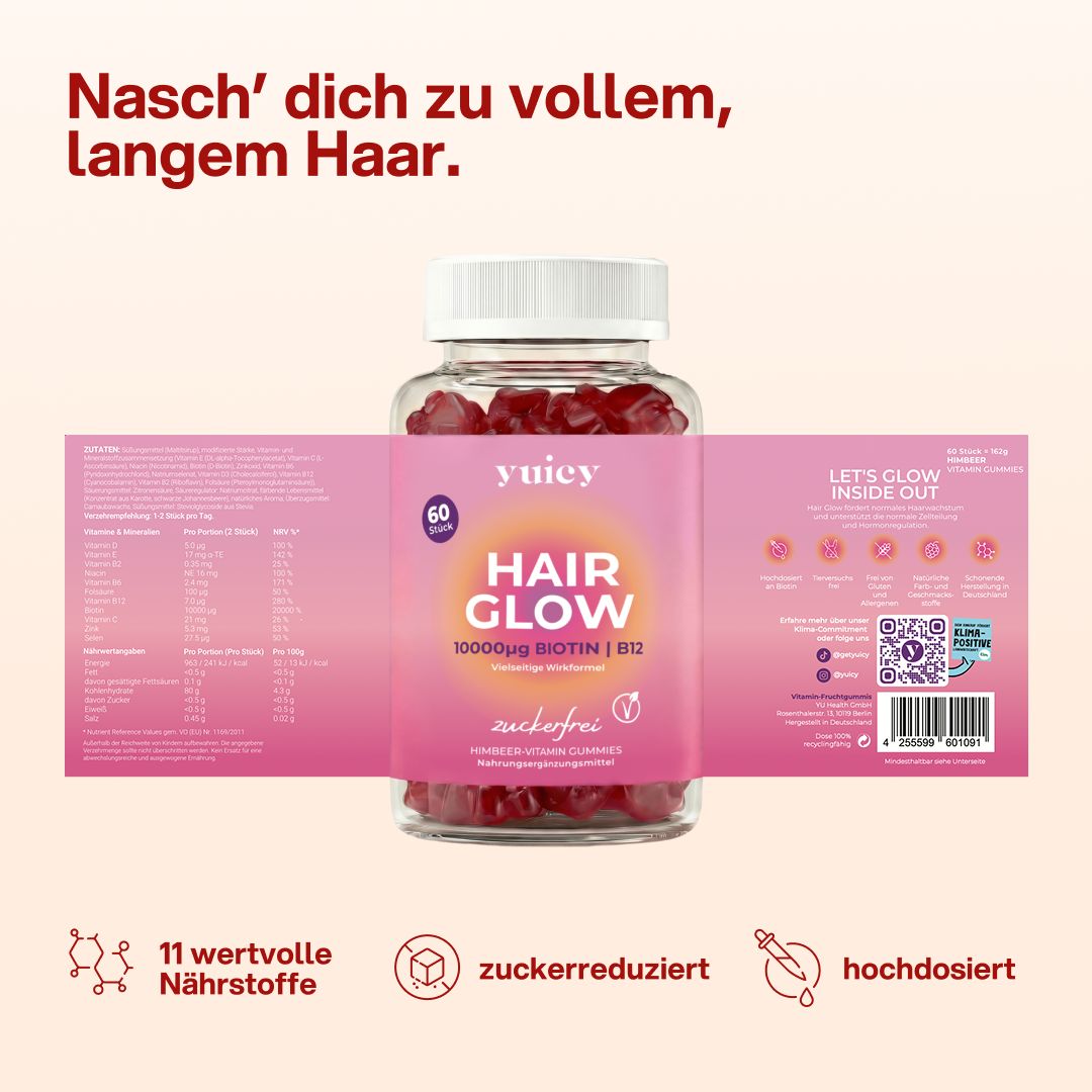 Flasche yuicy® Hair Glow mit geöffneter Verpackung. 60 Stück, zuckerfrei, 11 Nährstoffe, hochdosiert.