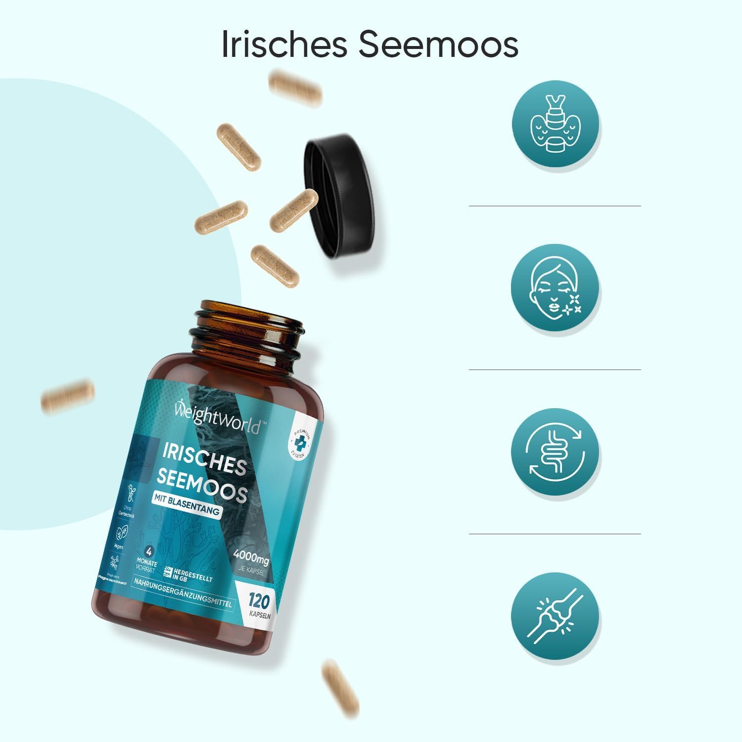 Geöffnete Flasche mit Kapseln. Aufschrift: Irisches Seemoos, 120 Kapseln. Kapseln fliegen heraus. WeightWorld Logo.