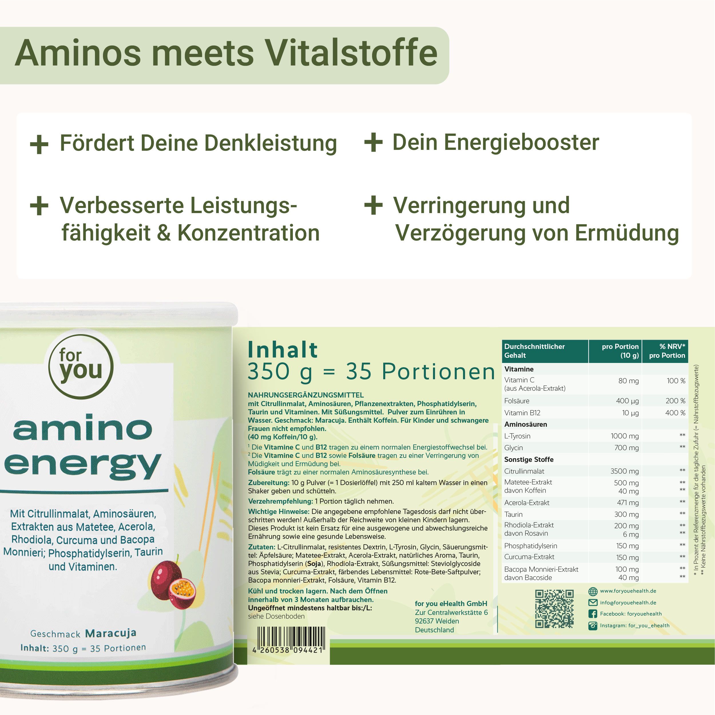 Dose "for you amino energy" mit Nährwertangaben. Produktvorteile: Denkleistung, Energie, Leistungsfähigkeit, Konzentration, Ermüdung.