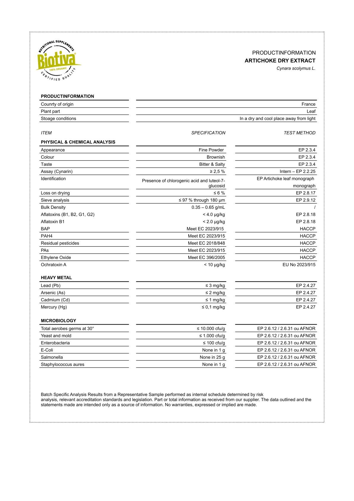 Weißes Dokument mit Tabellen und Text. Produktinformationen, physikalische und chemische Analyse, Schwermetalle, Mikrobiologie.