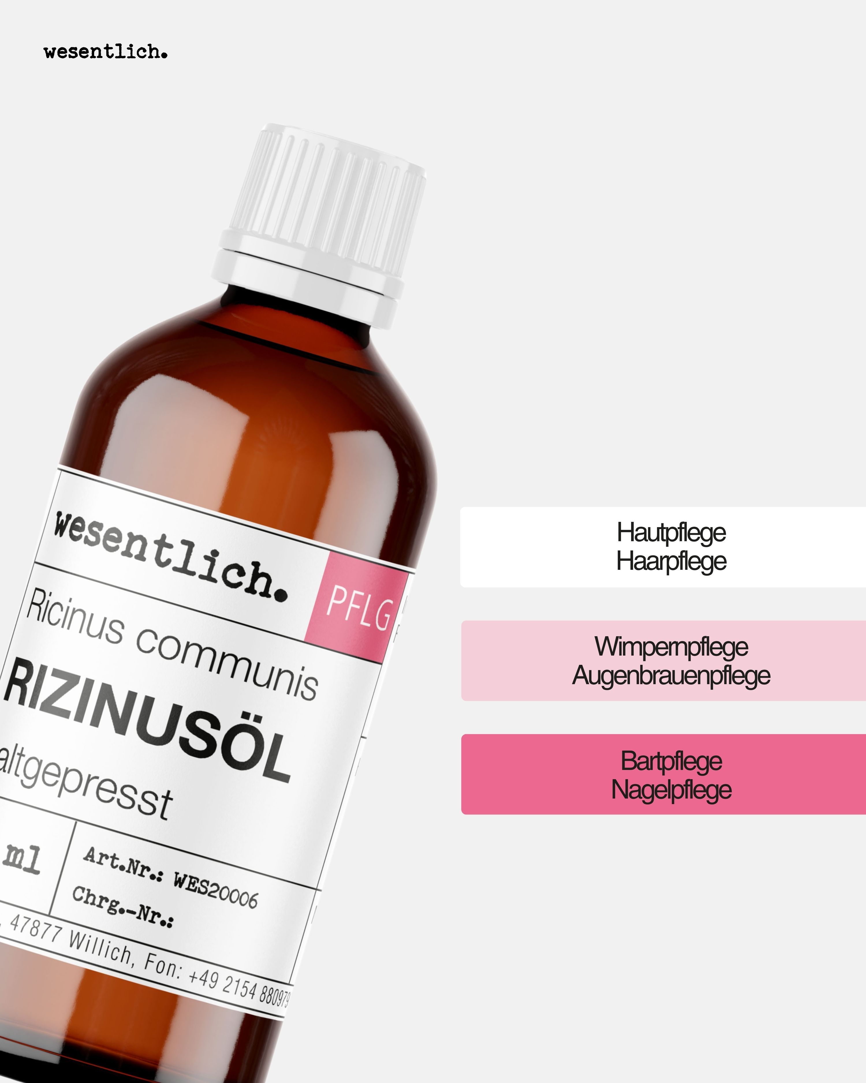 Flasche Rizinusöl neben farbigen Feldern mit Pflegetypen: Haut/Haar, Wimpern/Augenbrauen, Bart/Nägel.