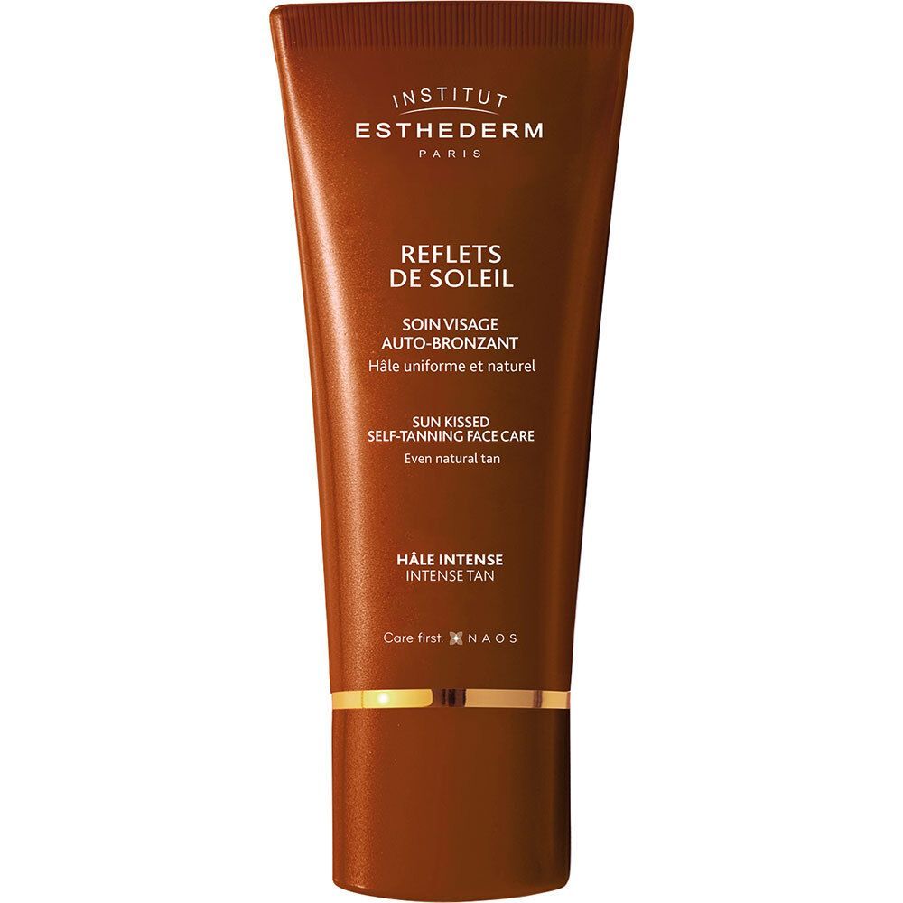 Braune Tube mit Aufschrift INSTITUT ESTHEDERM PARIS. Text: REFLETS DE SOLEIL, SOIN VISAGE AUTO-BRONZANT. HALE INTENSE.