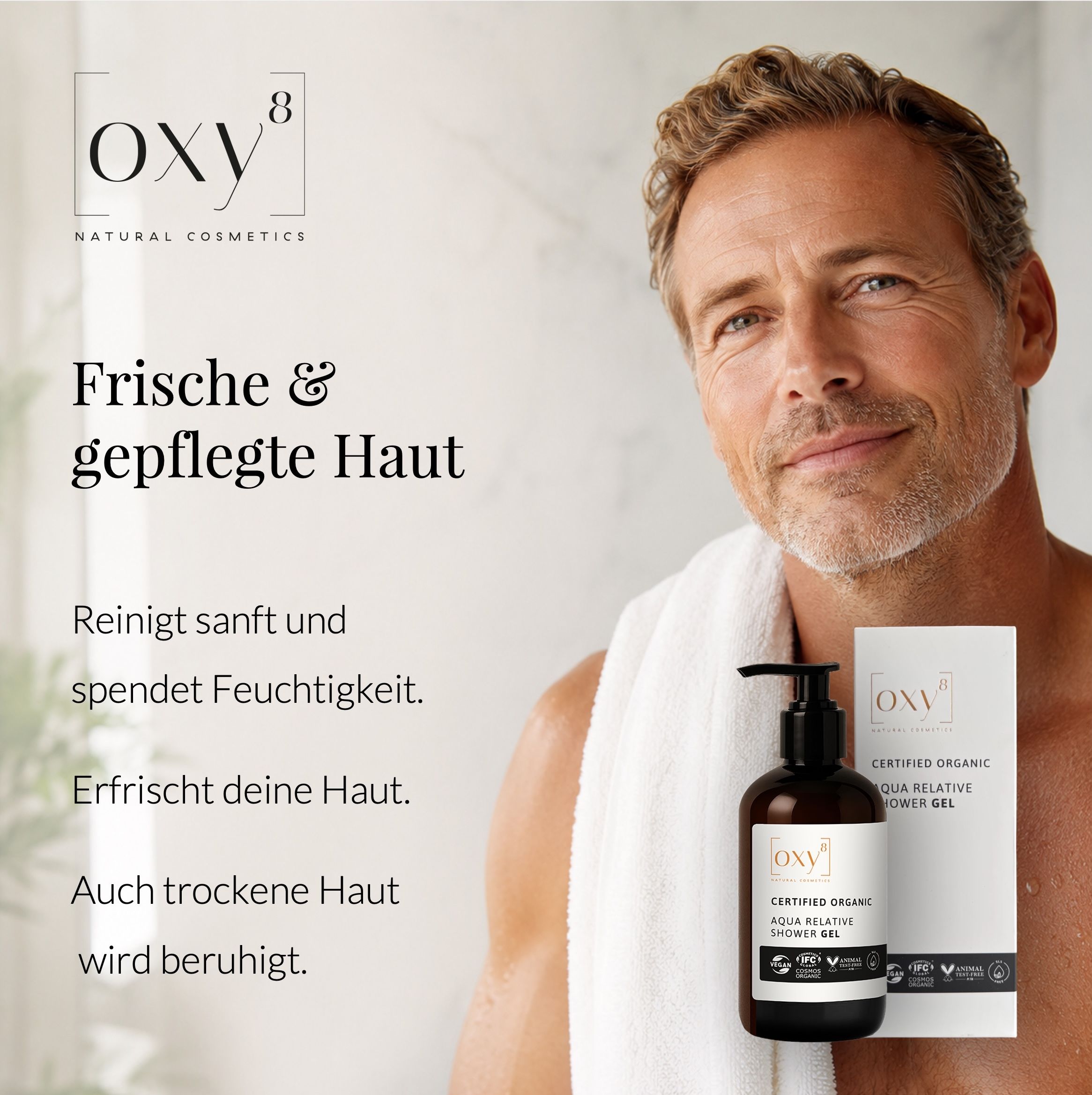 Mann mit Duschgel-Flasche und Karton.