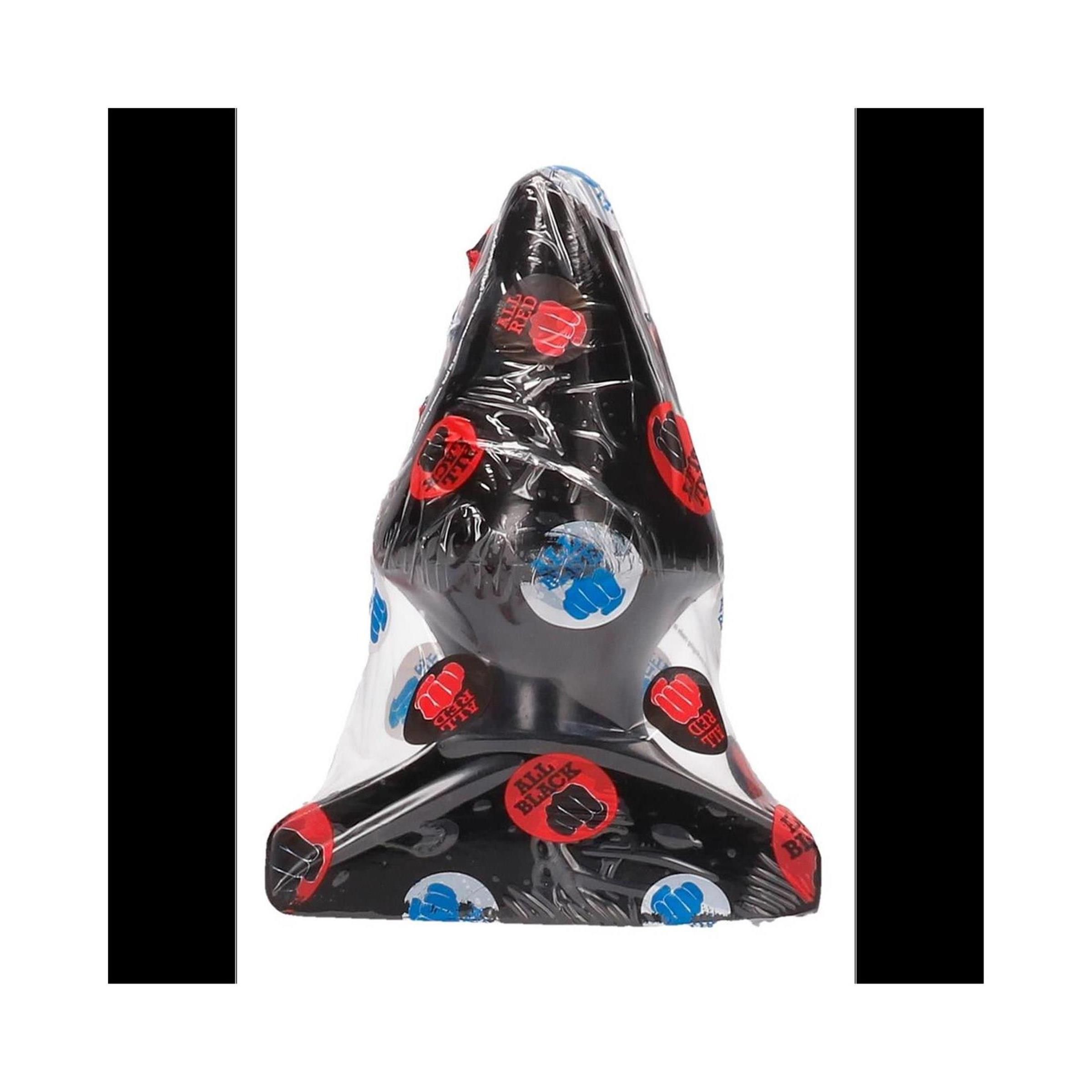 Schwarzer Analplug, verpackt in Folie mit Aufdrucken. Die Verpackung zeigt rote, blaue und schwarze Logos. Produkt ist in der Mitte zentriert.