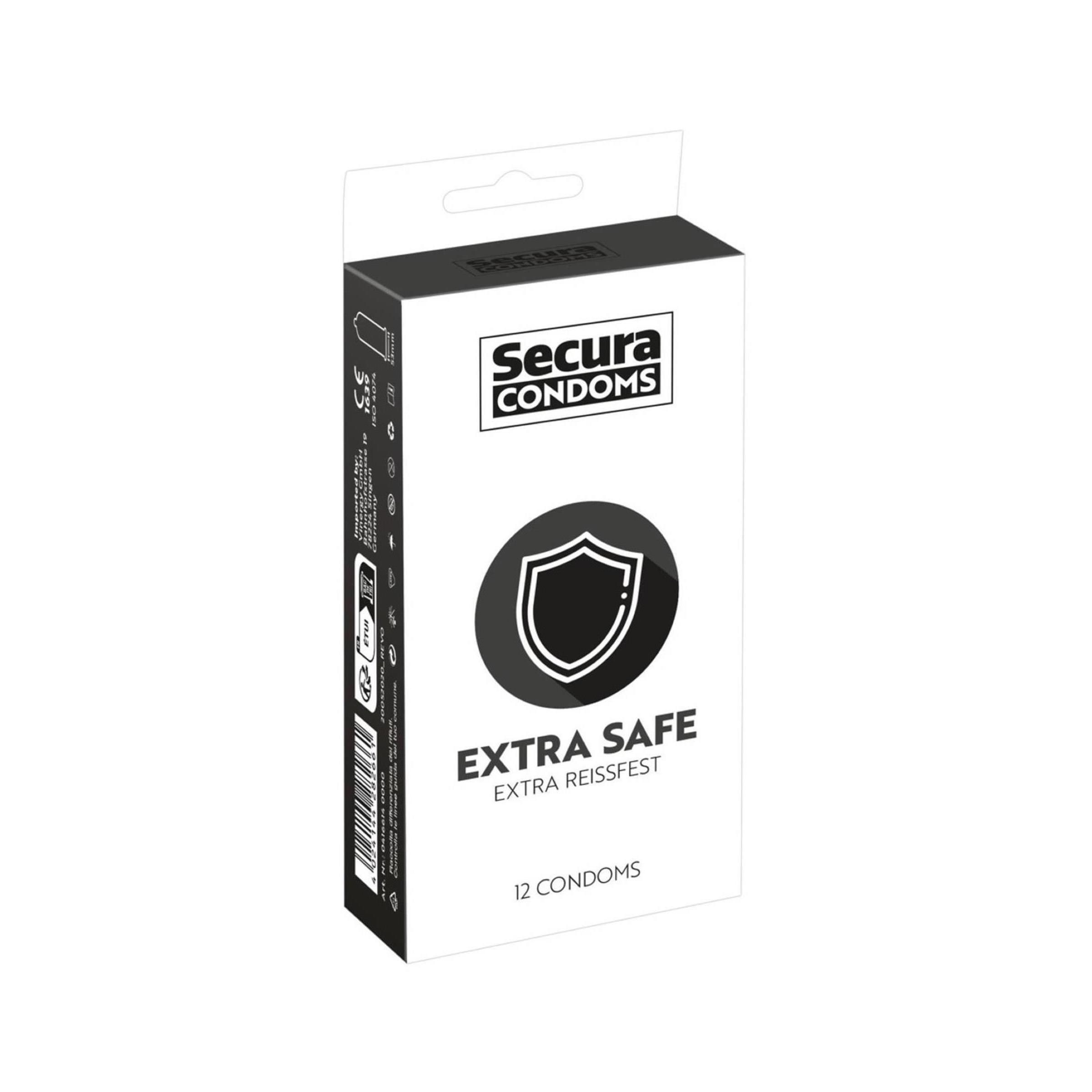 Schachtel mit Secura Condoms. Aufschrift Extra Safe und 12 Kondome. Schwarze und weiße Farben.