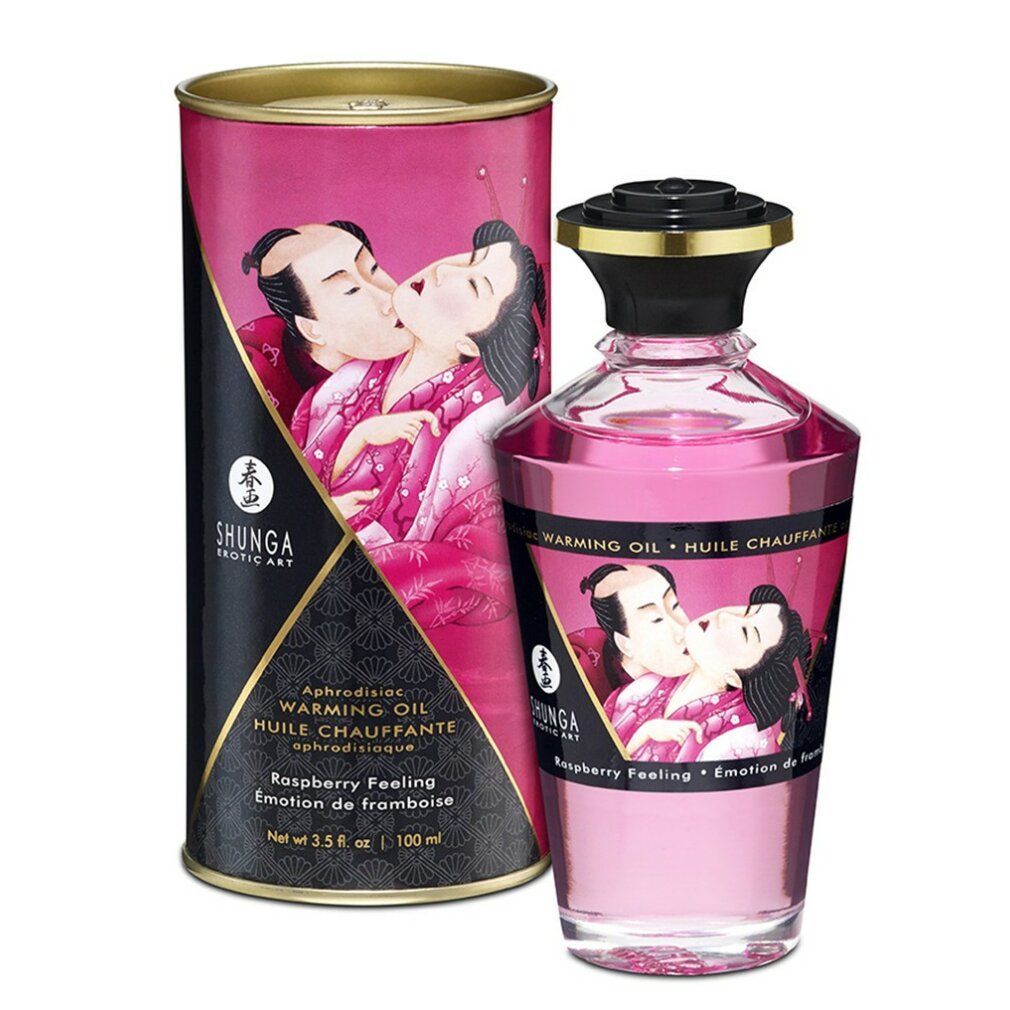 Massageöl mit Himbeeraroma und Verpackung. Flasche und Dose mit Illustrationen. Aufschrift: Shunga, Warming Oil.