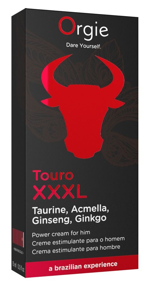 Schwarze Verpackung mit rotem Stierkopf und Text: Orgie Touro XXL. Enthält Taurin, Acmella, Ginseng, Ginkgo. Power Cream.