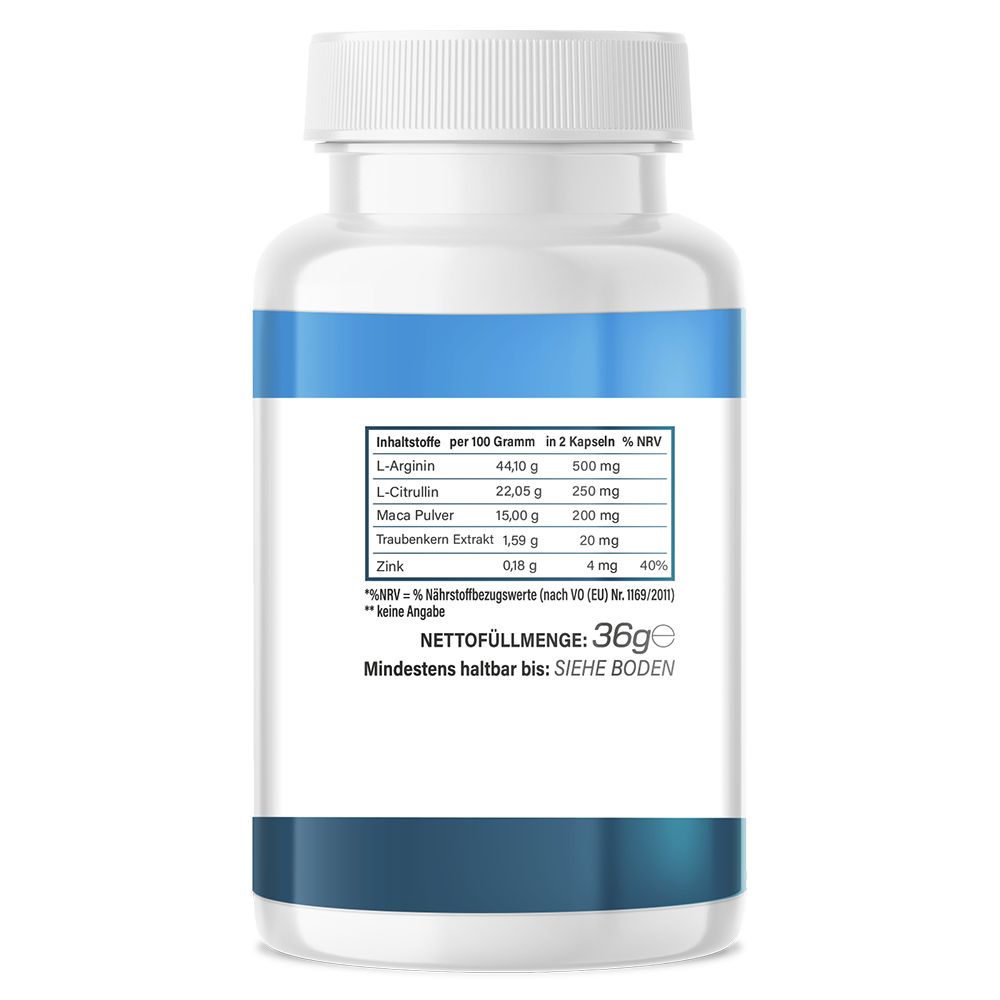 Rückseite einer weißen Flasche mit blauen Streifen. Nährwerttabelle mit Inhaltsstoffen wie L-Arginin, L-Citrullin, Maca-Pulver, Zink.