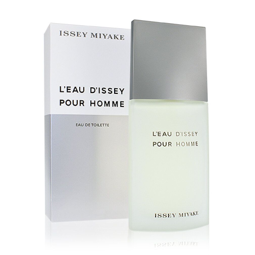 Flakon und Verpackung von Issey Miyake L'Eau d'Issey Pour Homme. Rechteckiger Flakon mit silbernem Deckel, daneben die weiße Verpackung.