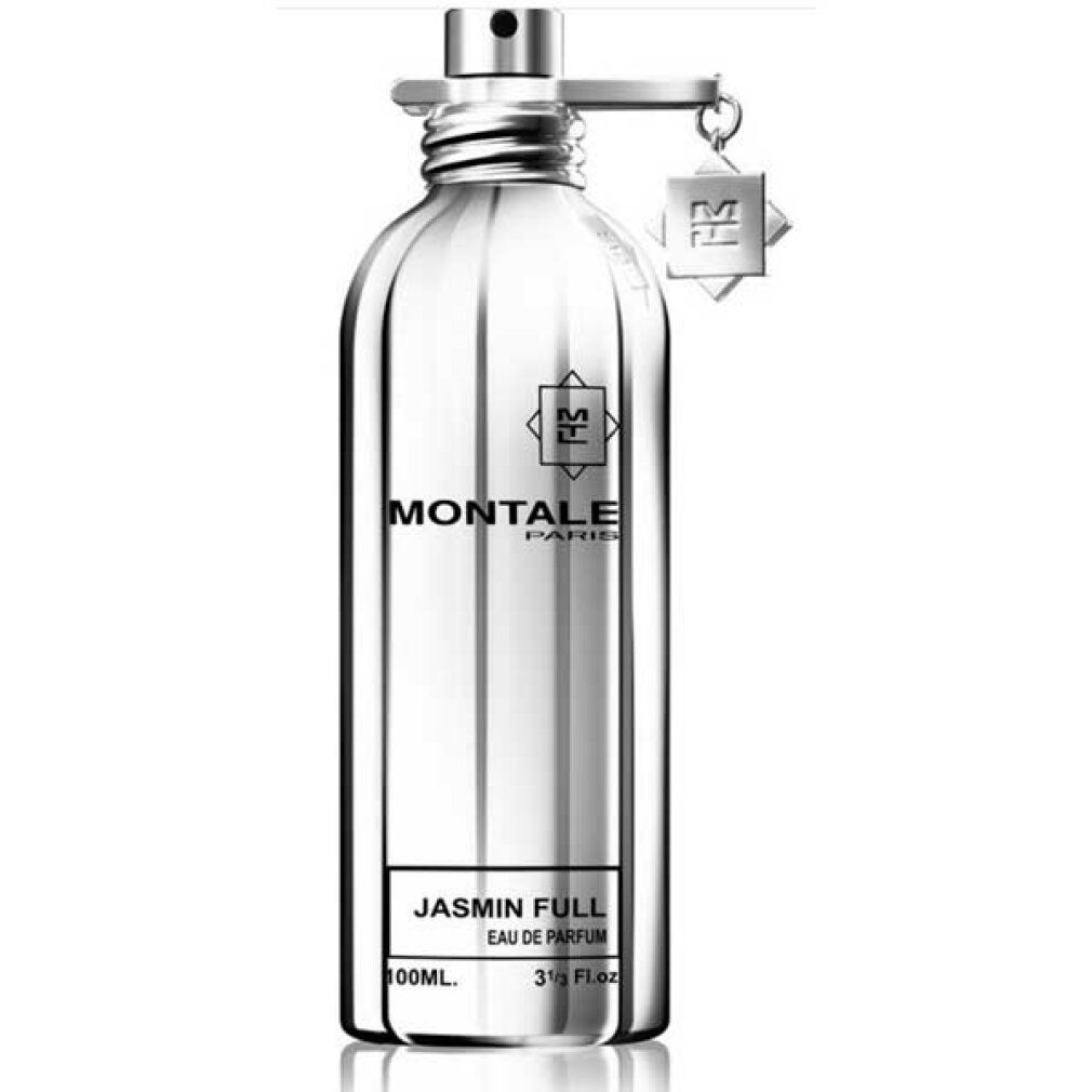 Silberne Flasche mit Zerstäuber und Anhänger. Aufschrift: Montale, Jasmin Full. Volumen: 100ml.