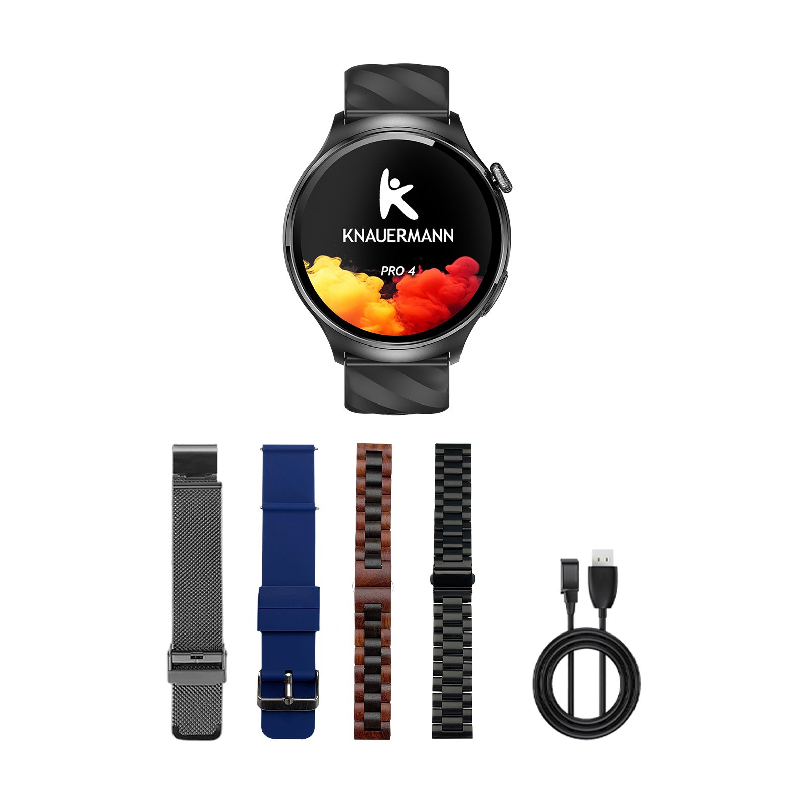 Knauermann PRO 4 Smartwatch mit Zubehör. Sichtbar: 4 Armbänder, Ladekabel.