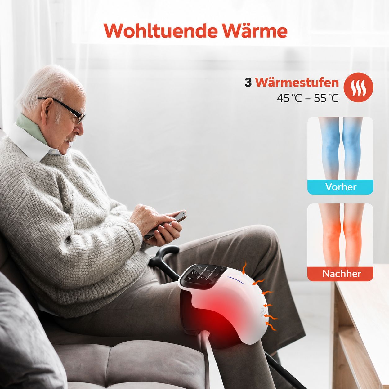 Ein weißes Kniemaschinen-Massagegerät mit schwarzem Klettverschluss und LED-Display.