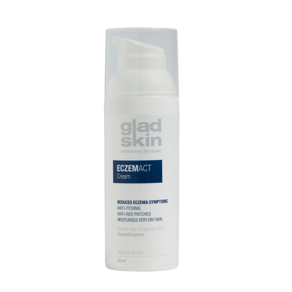Weiße Creme-Flasche mit Pumpverschluss. Aufschrift: Gladskin Eczemact Cream. Reduziert Ekzemsymptome, gegen Rötungen, für sehr trockene Haut.