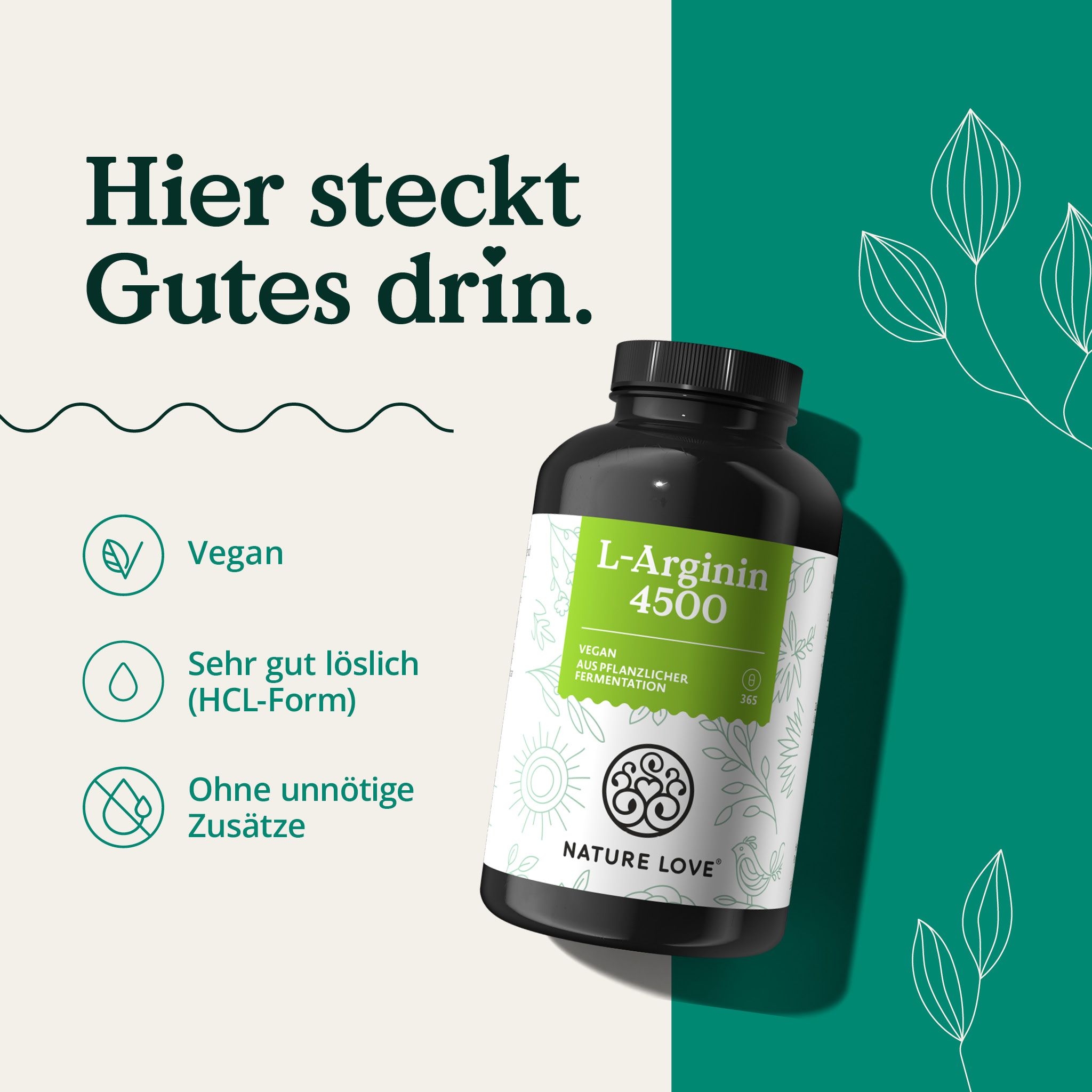 Schwarze Flasche mit grünem Etikett. Text: L-Arginin 4500, Vegan, sehr gut löslich (HCL-Form), ohne unnötige Zusätze. Logo: NATURE LOVE®.