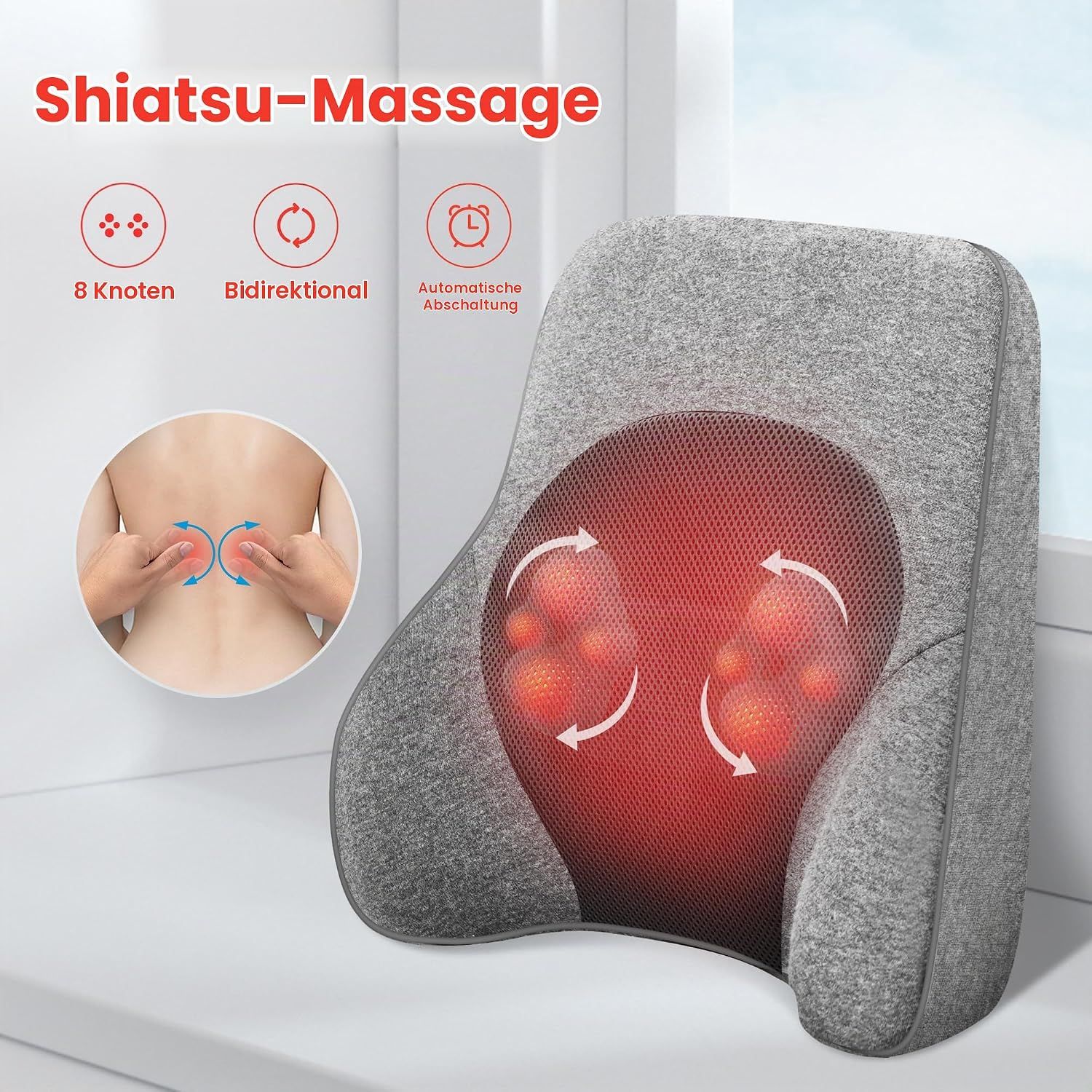 Vier Szenarien zur Ganzkörperentspannung mit Massagegerät für Rücken, Schultern, Beine und Gelenke.