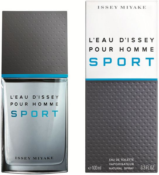 Flakon und Verpackung. Aufschrift: L'Eau d'Issey Pour Homme Sport. Grauer Deckel, blaue Akzente. Issey Miyake.