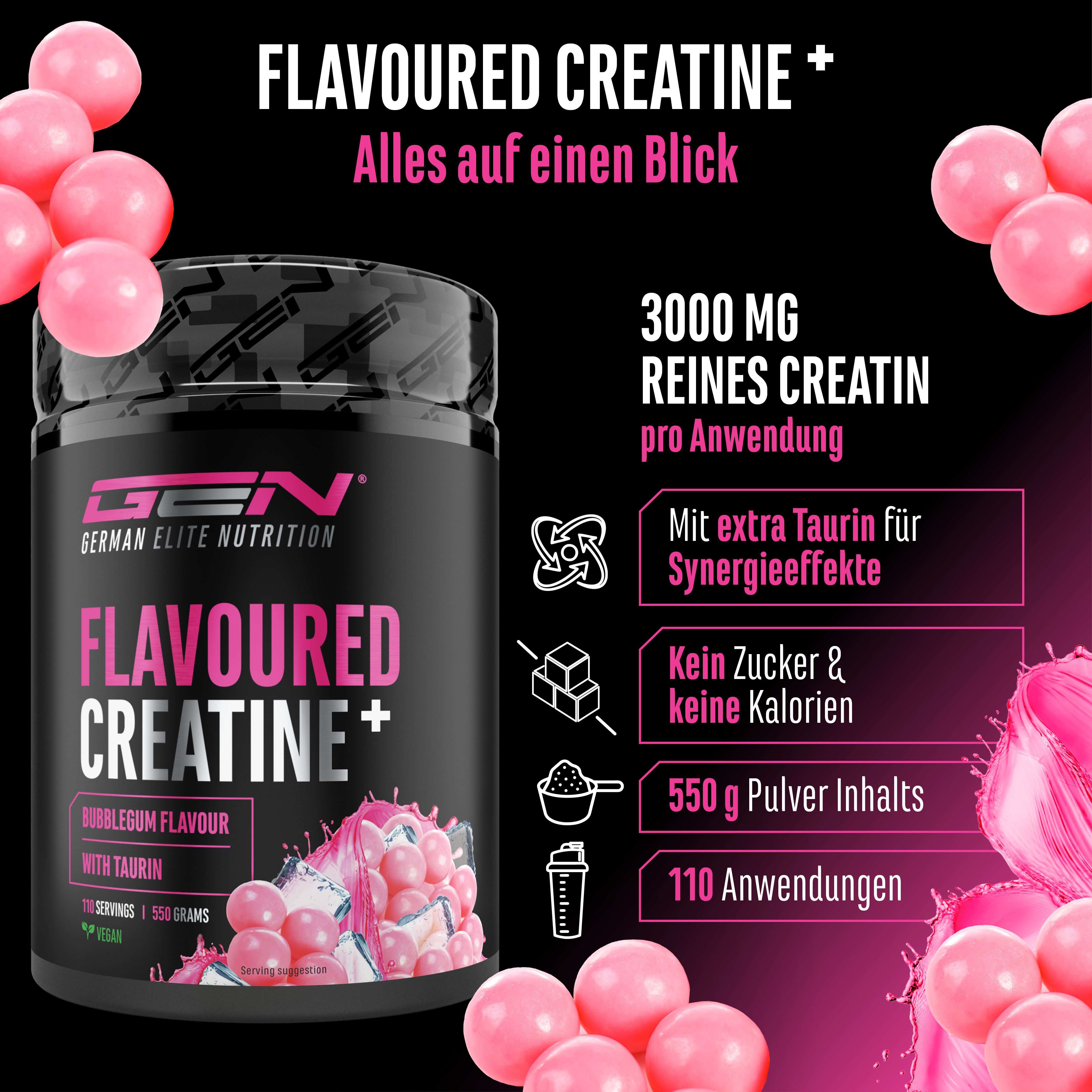 Dose GEN Flavoured Creatine+. Enthält 3000mg reines Creatin pro Anwendung, mit Taurin. 550g Pulver, 110 Anwendungen. Keine Zucker & Kalorien.