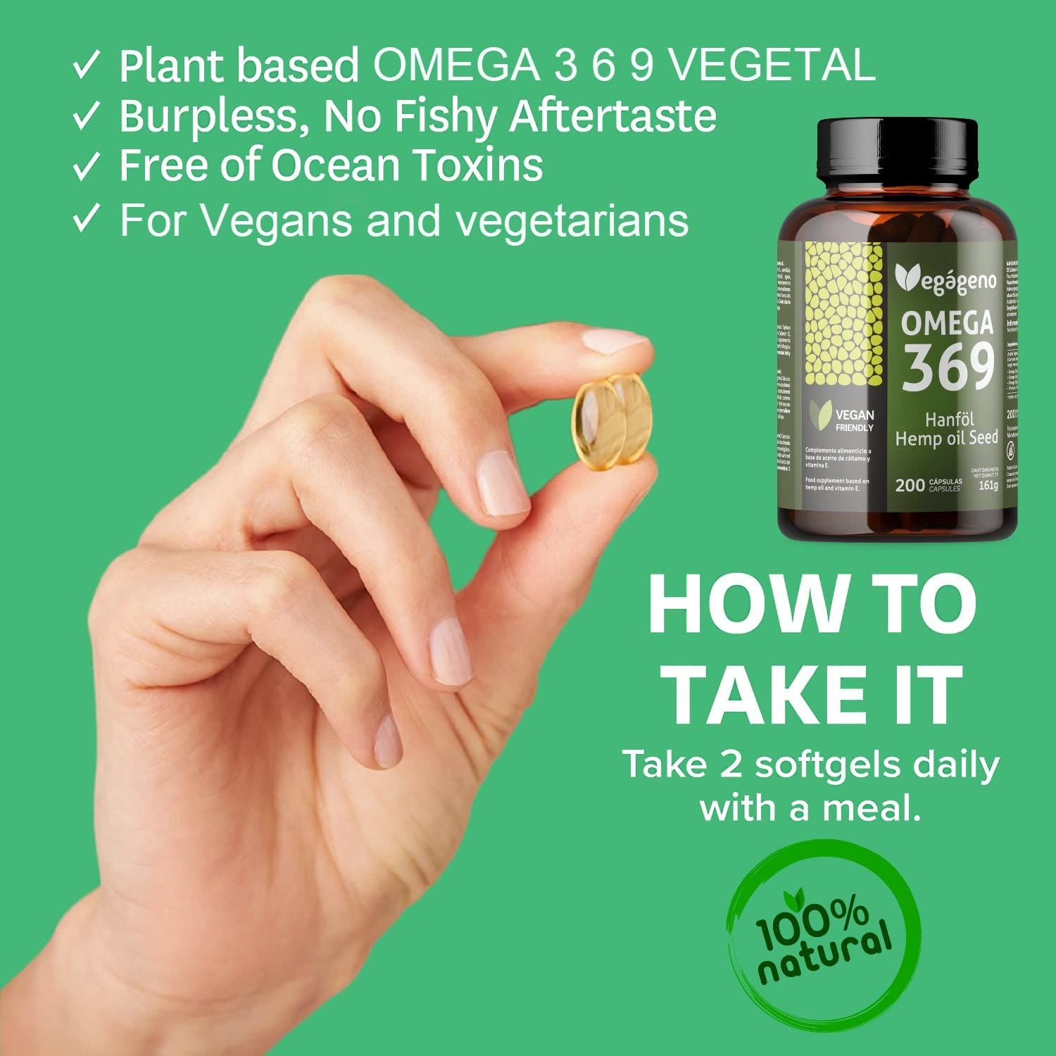 Hand hält eine Kapsel. Daneben Flasche VEGÁGENO Omega 3-6-9 Kapseln. Aufschrift: Omega 369, Hanföl, 200 Kapseln. Vegan-Siegel. Einnahme: 2 Kapseln täglich.