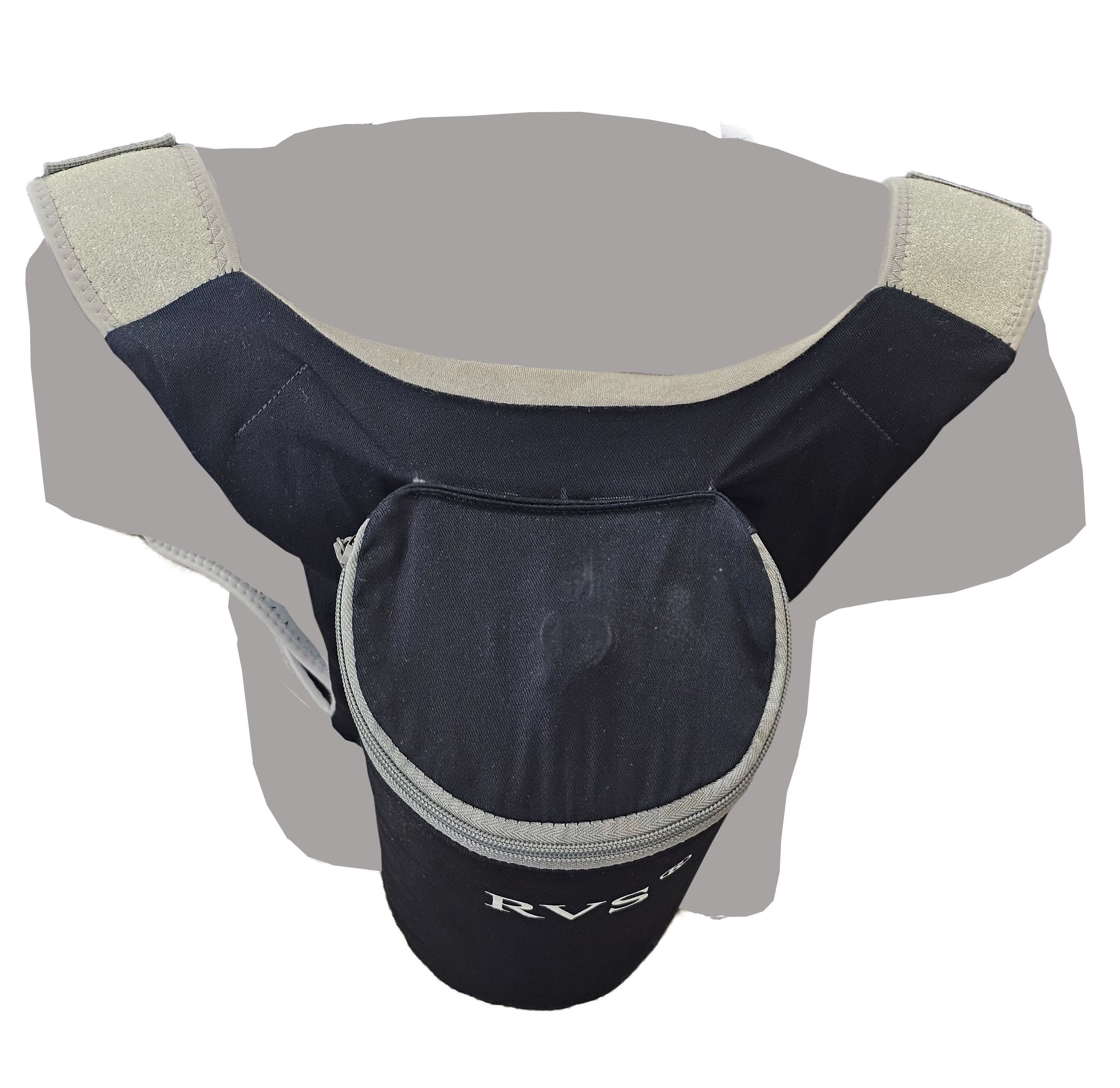 Rückenlageverhinderungsrucksack, Draufsicht. Blau und grau. Zylinderförmige Tasche mit RVS®-Logo.