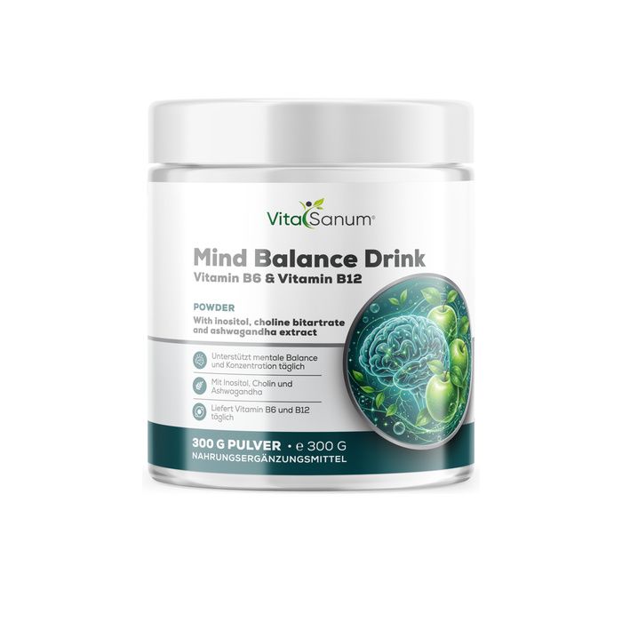 VitaSanum Mind Balance Drink Pulver in weißem Behälter mit grünen Akzenten und Gehirn-Illustration.