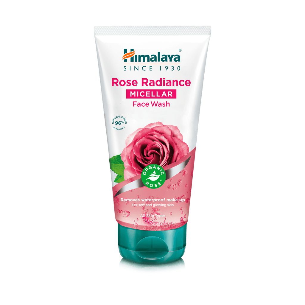Weiß-grüne Tube mit Himalaya Rose Radiance Micellar Face Wash. Abbildung einer Rose. Text: Micellar Face Wash, Organic Rose.