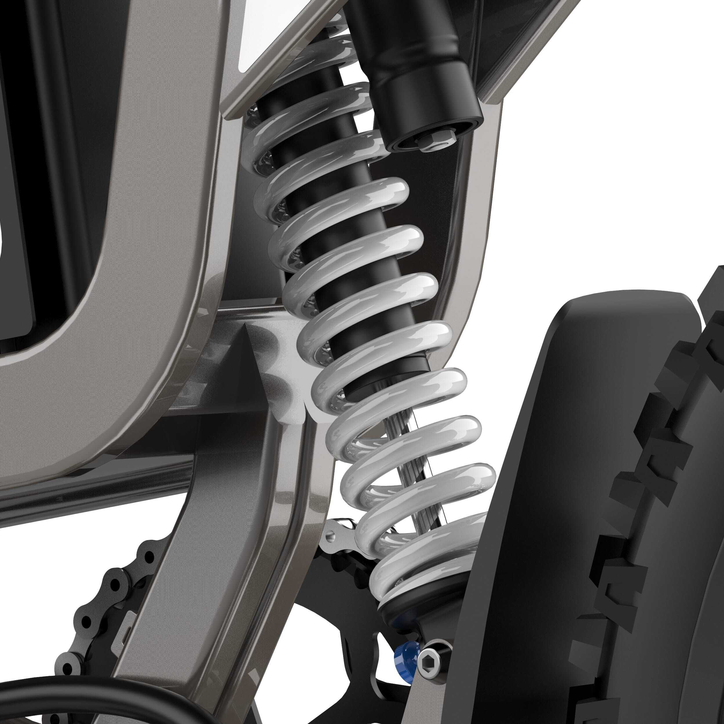 Nahaufnahme der Federung eines grauen COSWHEEL R19 Elektro-Dirtbikes. Weiße Feder, grauer Rahmen.