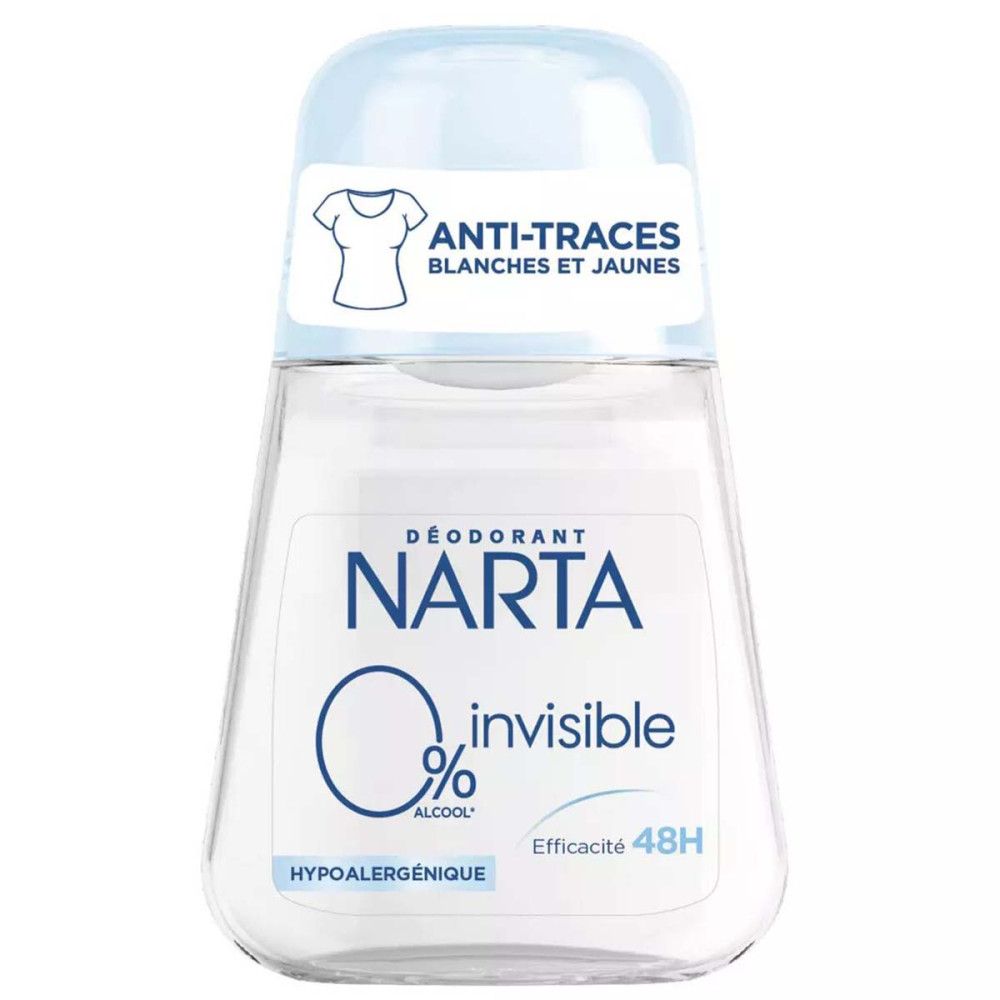 Deo-Roller Narta, transparentes Gehäuse, blauer Deckel. Aufschrift: Anti-Traces, 0% Alkohol, 48H Wirksamkeit.