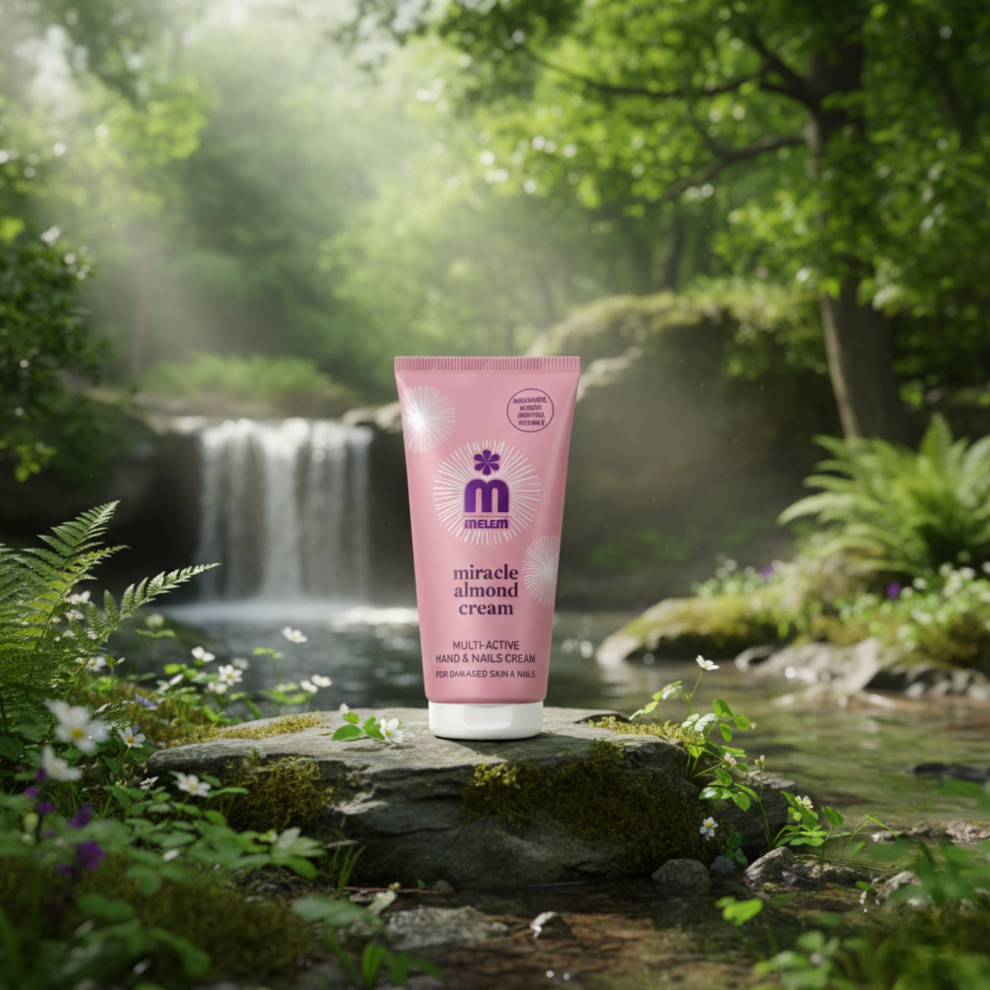 Rosa Tube "melem miracle almond cream" vor Wasserfall. Text: Multi-Active Hand & Nails Cream. Für geschädigte Haut & Nägel. Mit Mandelöl.