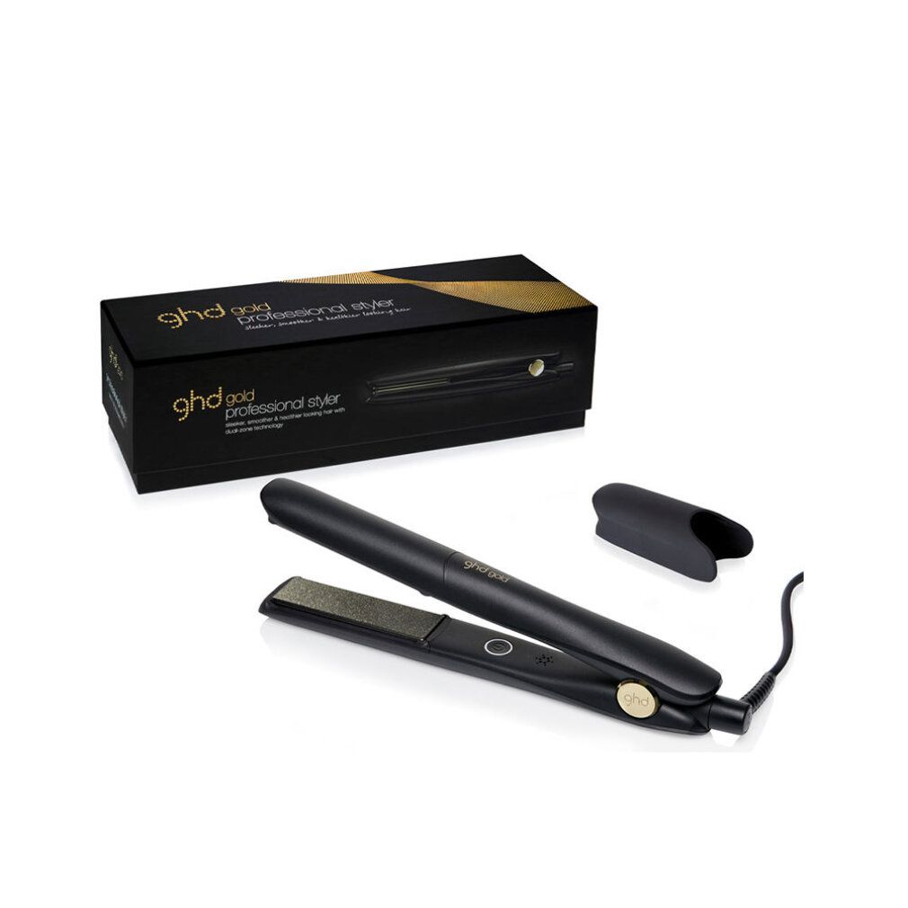 Schwarzes Glätteisen mit schwarzem Hitzeschutz und Verpackung. Aufschrift: ghd gold professional styler.