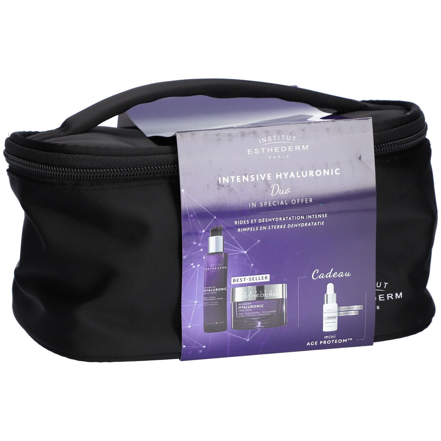 Schwarze Kosmetiktasche mit Griff und Produktinformationen. Aufschrift: Institut Esthederm Paris, Intensive Hyaluronic Duo. Enthält Serum und Creme.