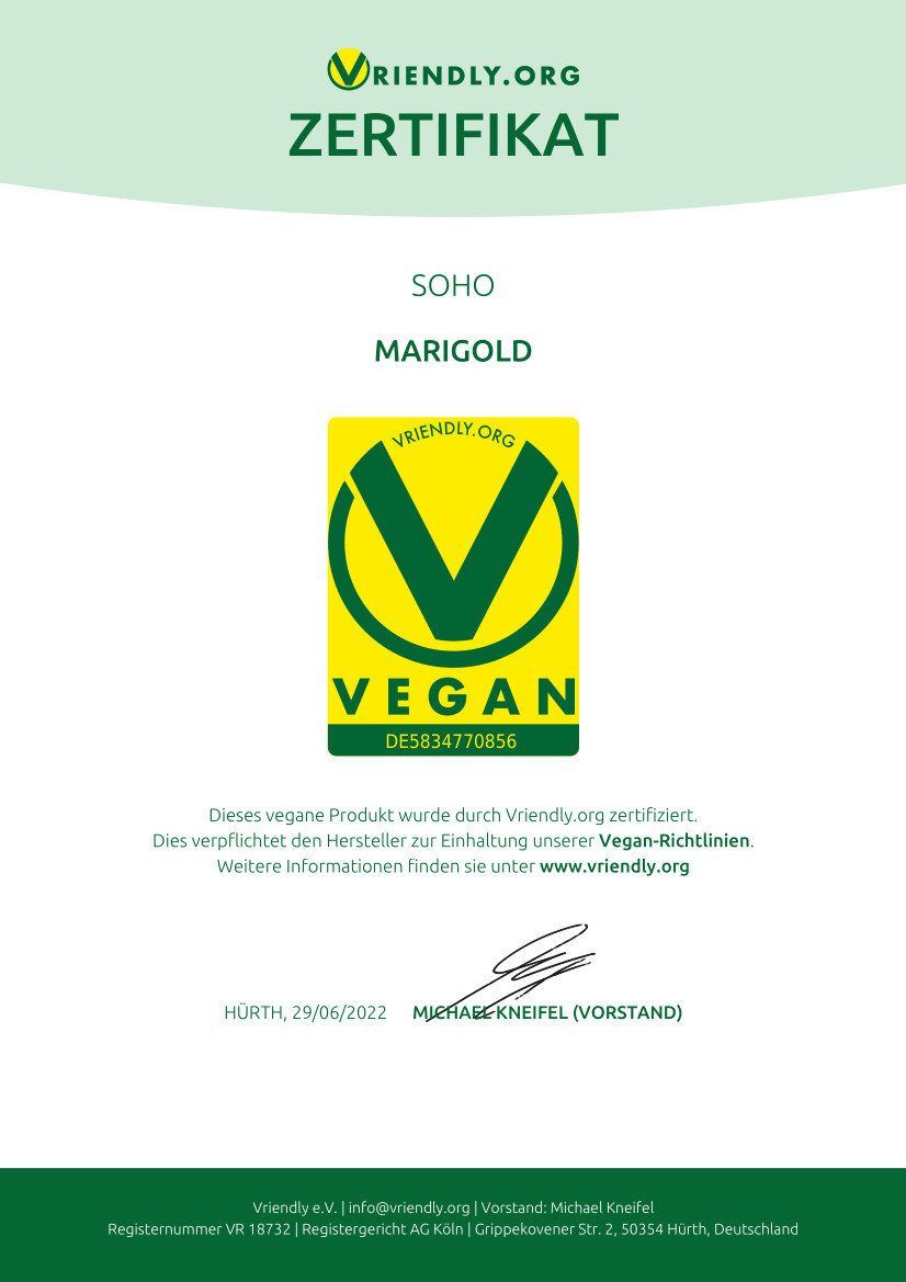 Zertifikat mit grünem Rahmen. Gelbes Vegan-Logo mit "Vriendly.org" und "Vegan" Schriftzug. "SOHO Marigold" Text. Unterschrift und Datum.