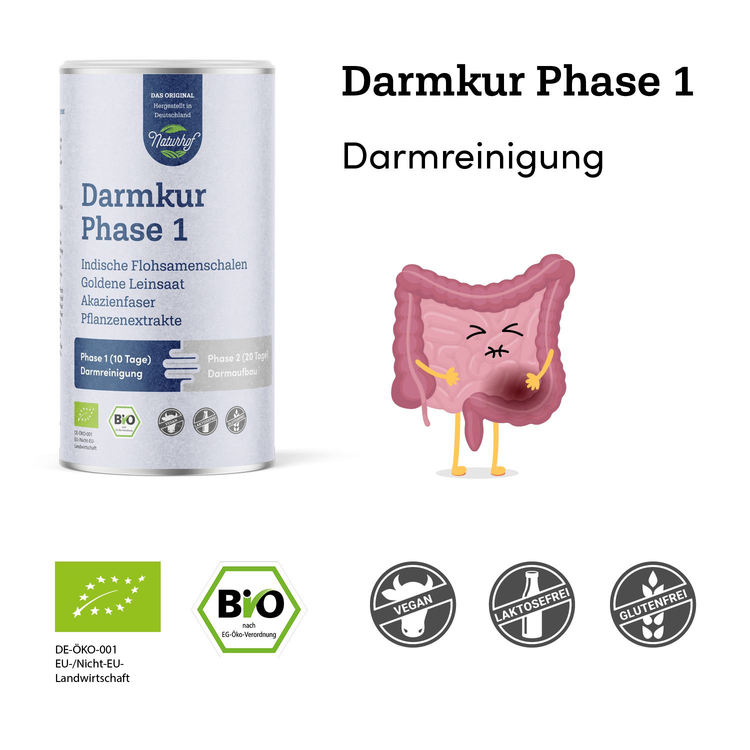 Darmkur Phase 1 Dose. Beschriftung: Darmreinigung. Bio-Siegel, Vegan, Laktosefrei, Glutenfrei. Cartoon-Darm mit Schmerz.