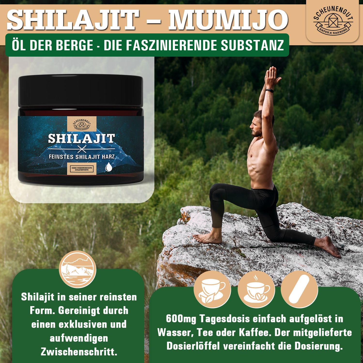 Scheunengut Shilajit Harz in einem Glastiegel, präsentiert neben einem Mann in Yoga-Pose in Berglandschaft.
