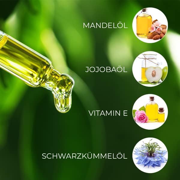 Tropfendes Öl aus einer Pipette. Bilder von Mandelöl, Jojobaöl, Vitamin E und Schwarzkümmelöl.