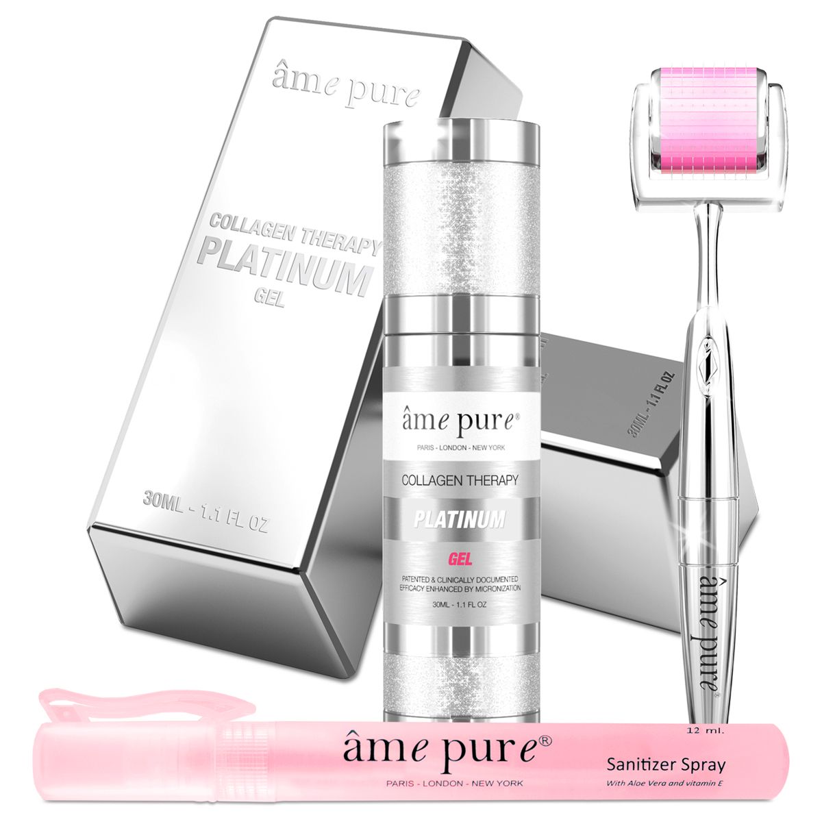 Produktset: Serum, Roller, Verpackung, Sanitizer Spray. Aufschrift: âme pure, Collagen Therapy PLATINUM.