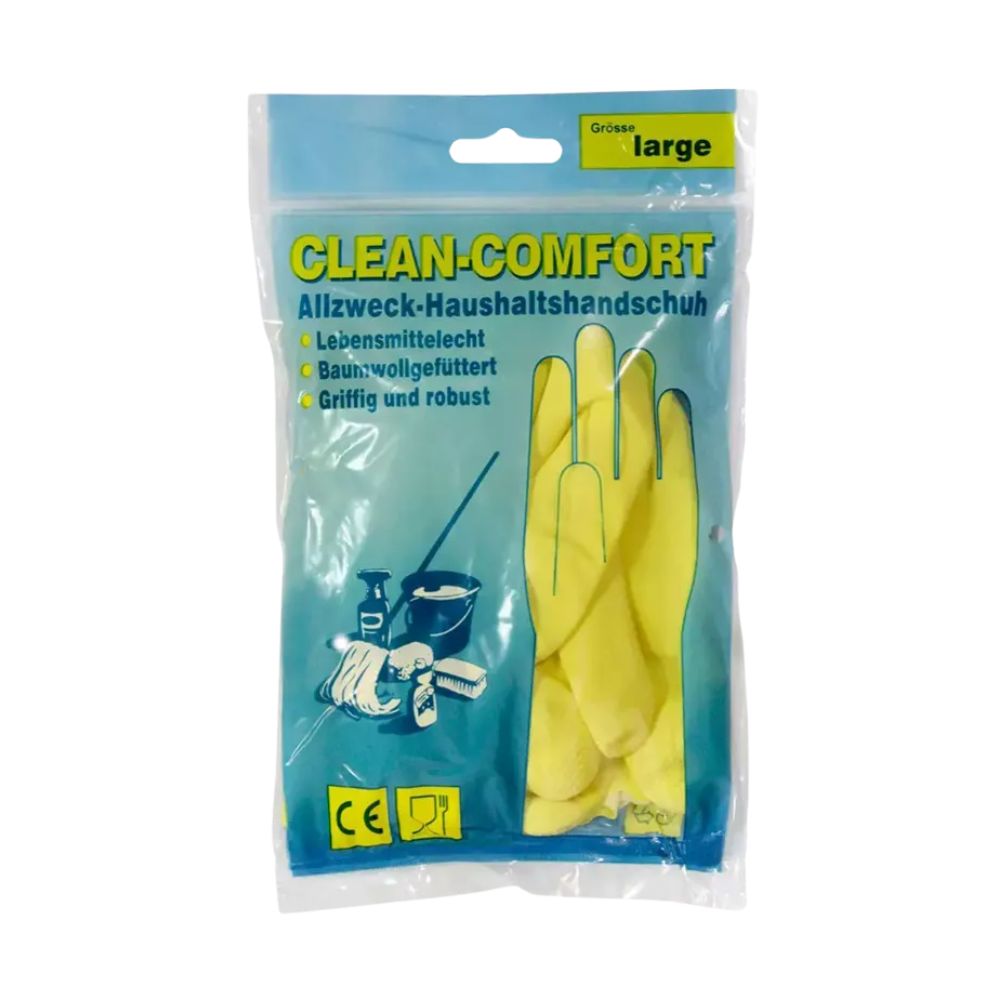 Gelbe Haushaltshandschuhe in Plastikverpackung. Aufschrift CLEAN-COMFORT, Größe Large. Lebensmittelgeeignet, baumwollgefüttert, griffig und robust.