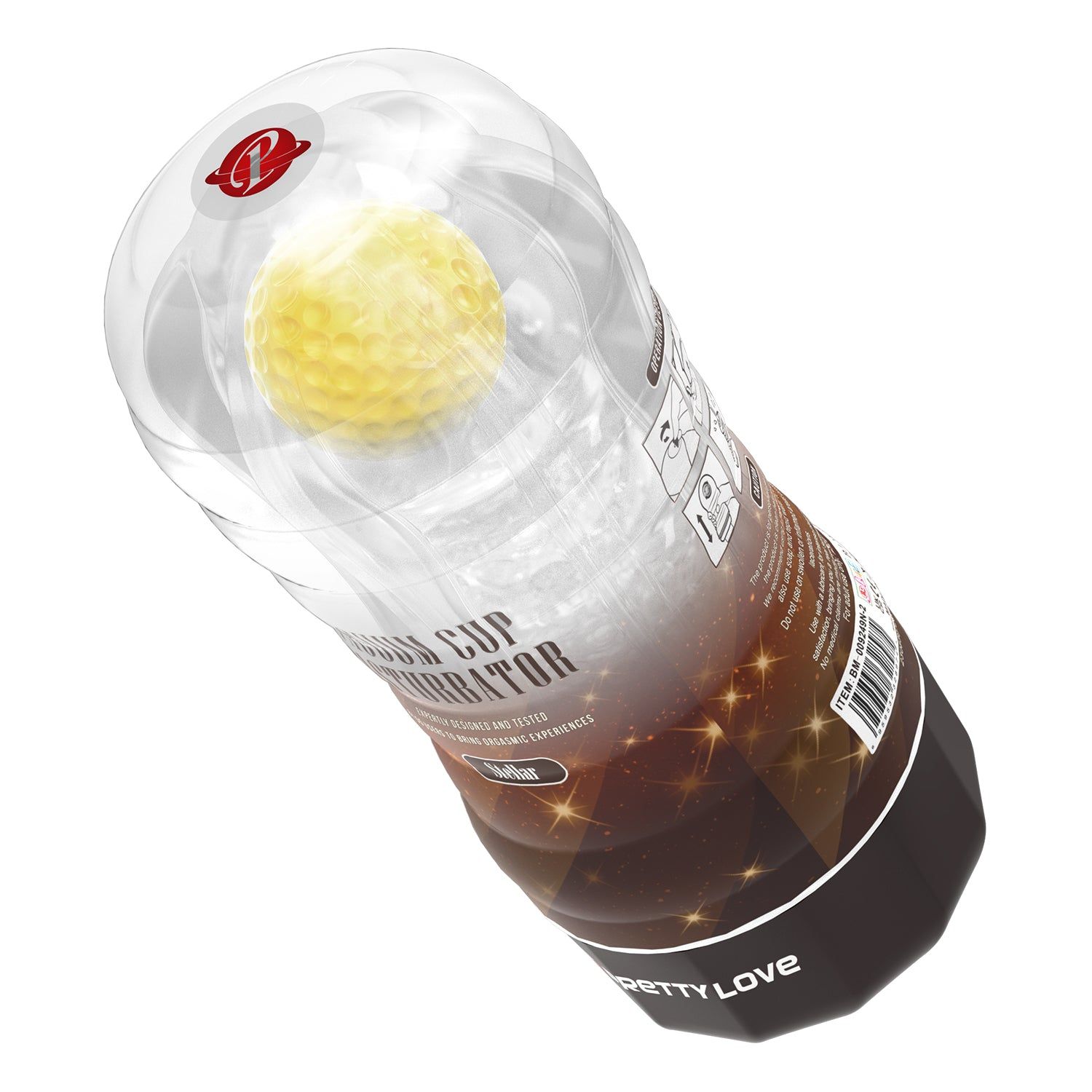 Vakuum-Cup-Masturbator. Transparentes Gehäuse, brauner Sockel. Gelber Einsatz. Text: VACUUM CUP MASTURBATOR, Stellar, PRETTY LOVE.